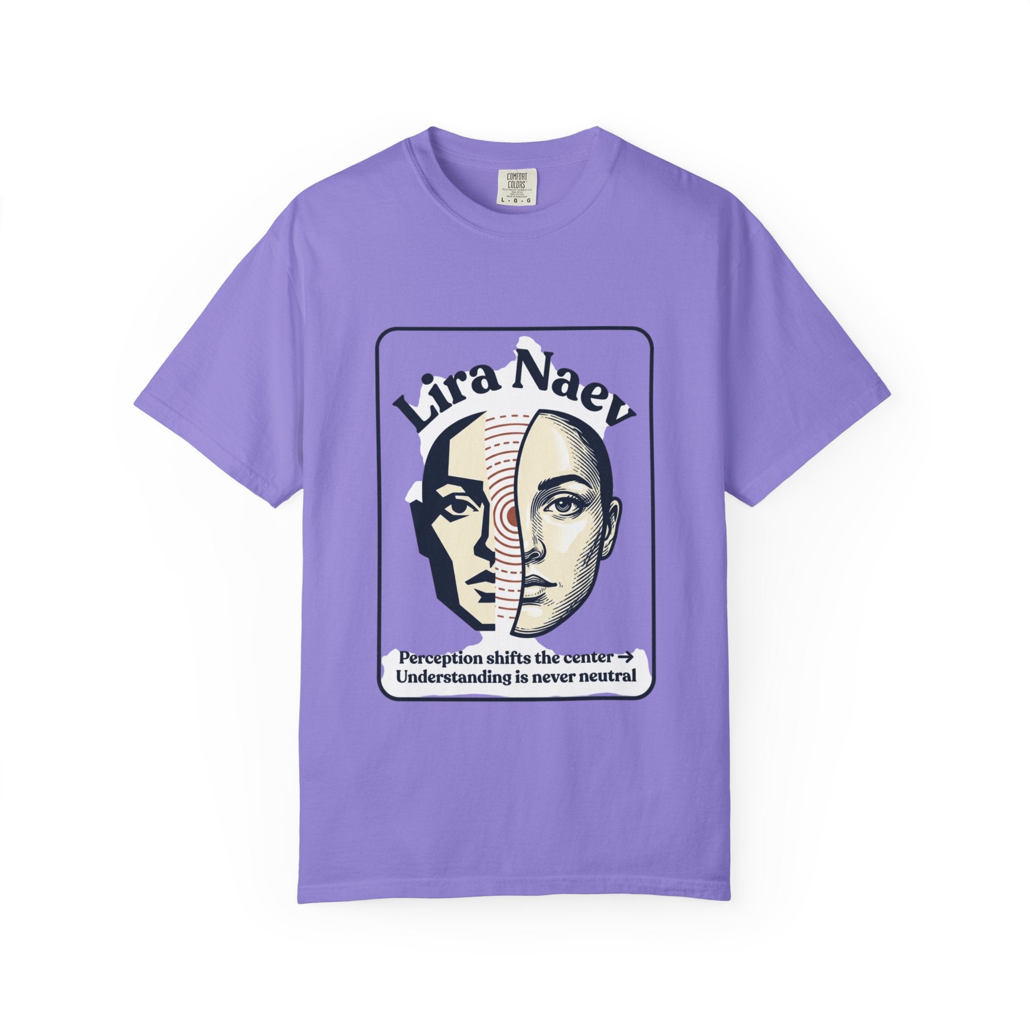 Power Runs Black PRB Lira Naev Split-Face Graphic T-Shirt — “Perception shifts the center” Statement Tee by Printify