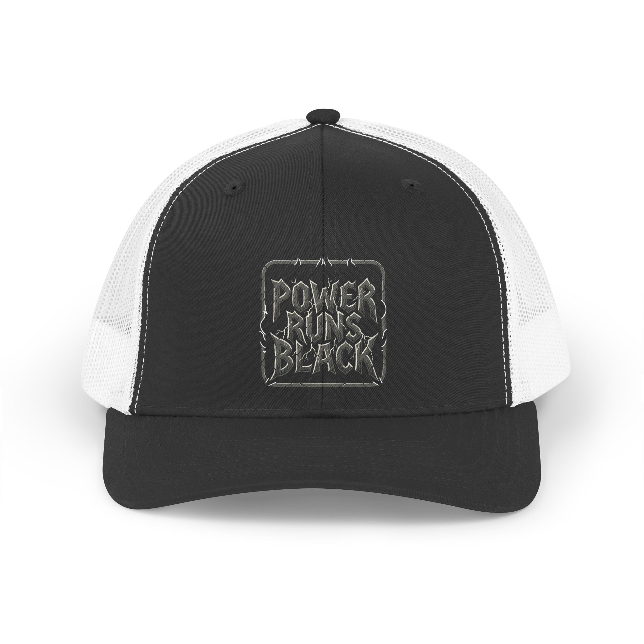 Power Runs Black Retro Flame Patch Trucker Hat | Snapback Mesh Cap by Printify