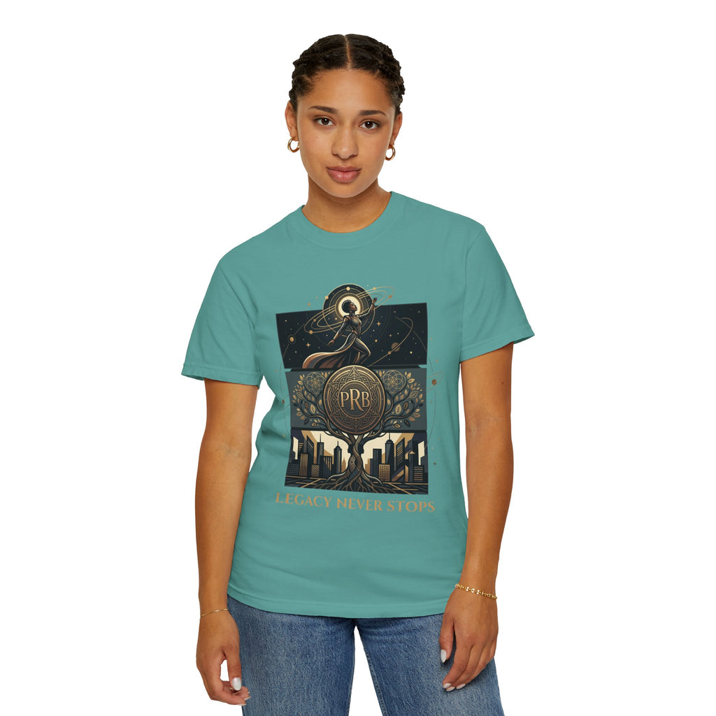 PRB Legacy Never Stops Graphic T-Shirt | Art Deco City Skyline Tee by Printify