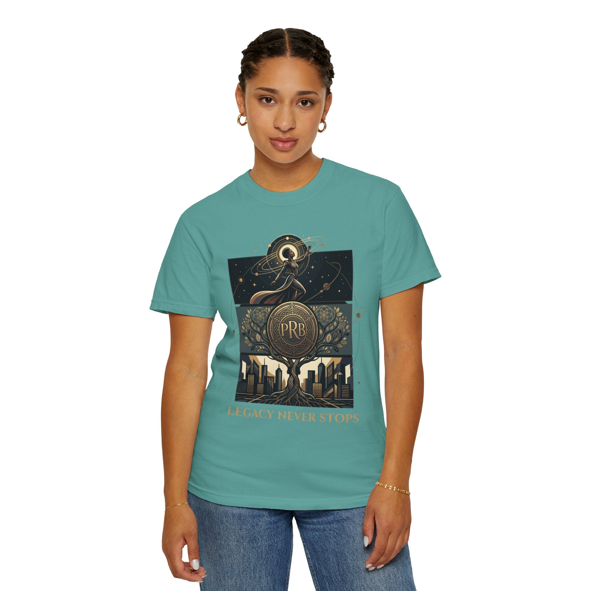 PRB Legacy Never Stops Graphic T-Shirt | Art Deco City Skyline Tee by Printify