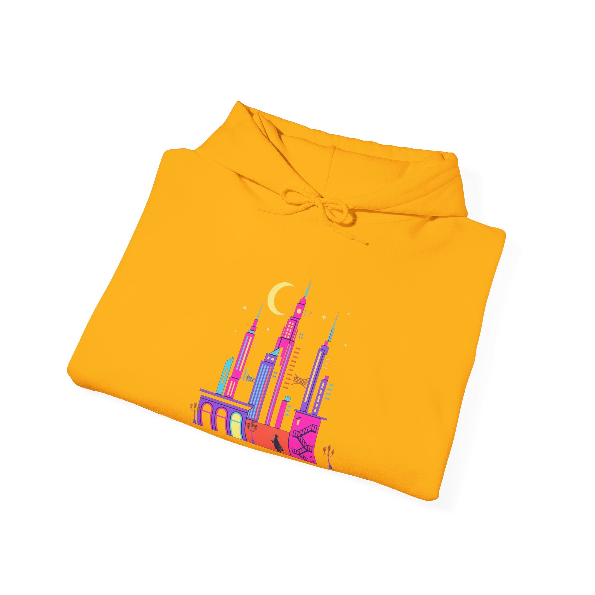 PRB Colorful City Skyline Hoodie – Vibrant Nighttime Urban Graphic by Power Runs Black