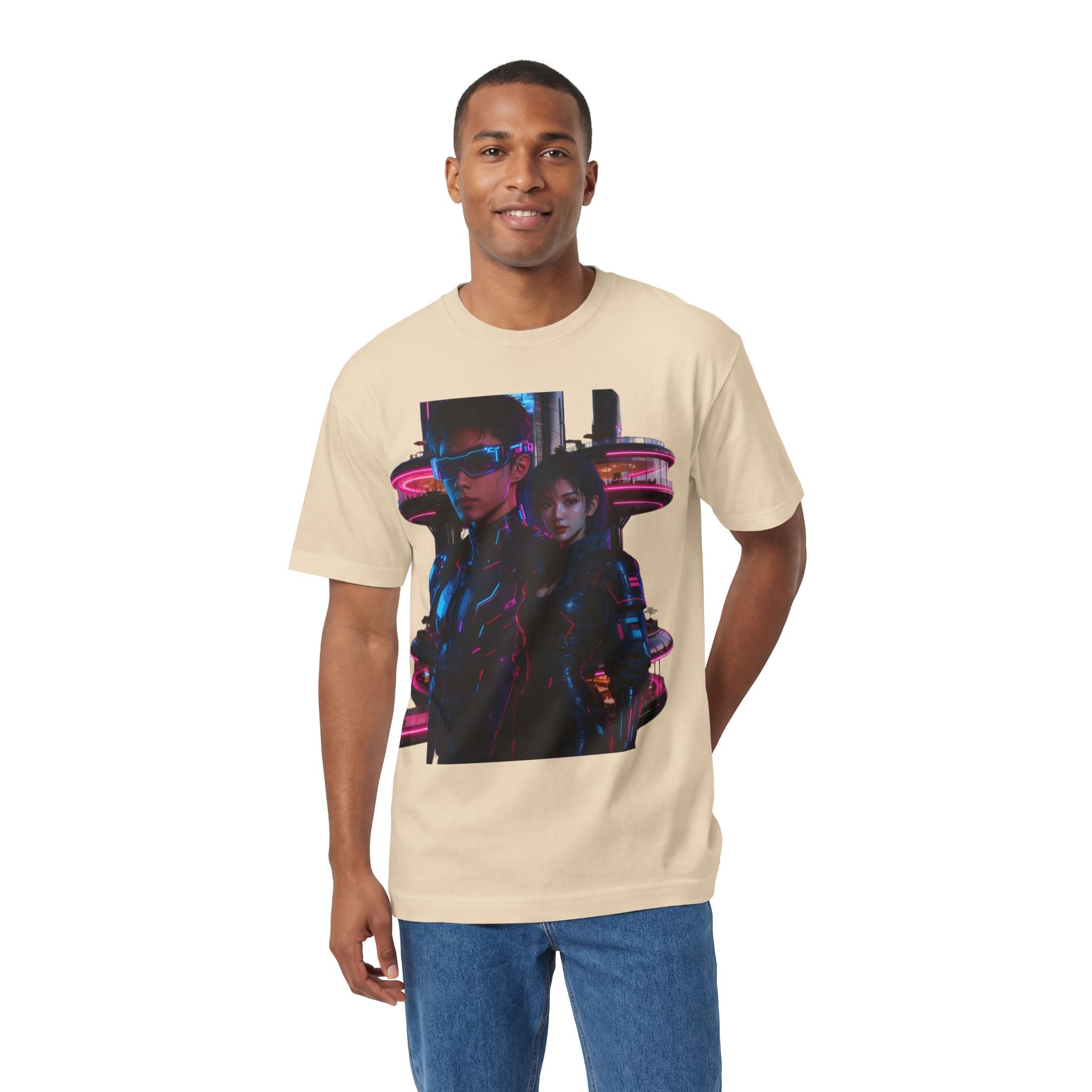 PRB Neon Tokyo Cyberpunk Couple T-Shirt | Futuristic Neon City Illustration by Printify