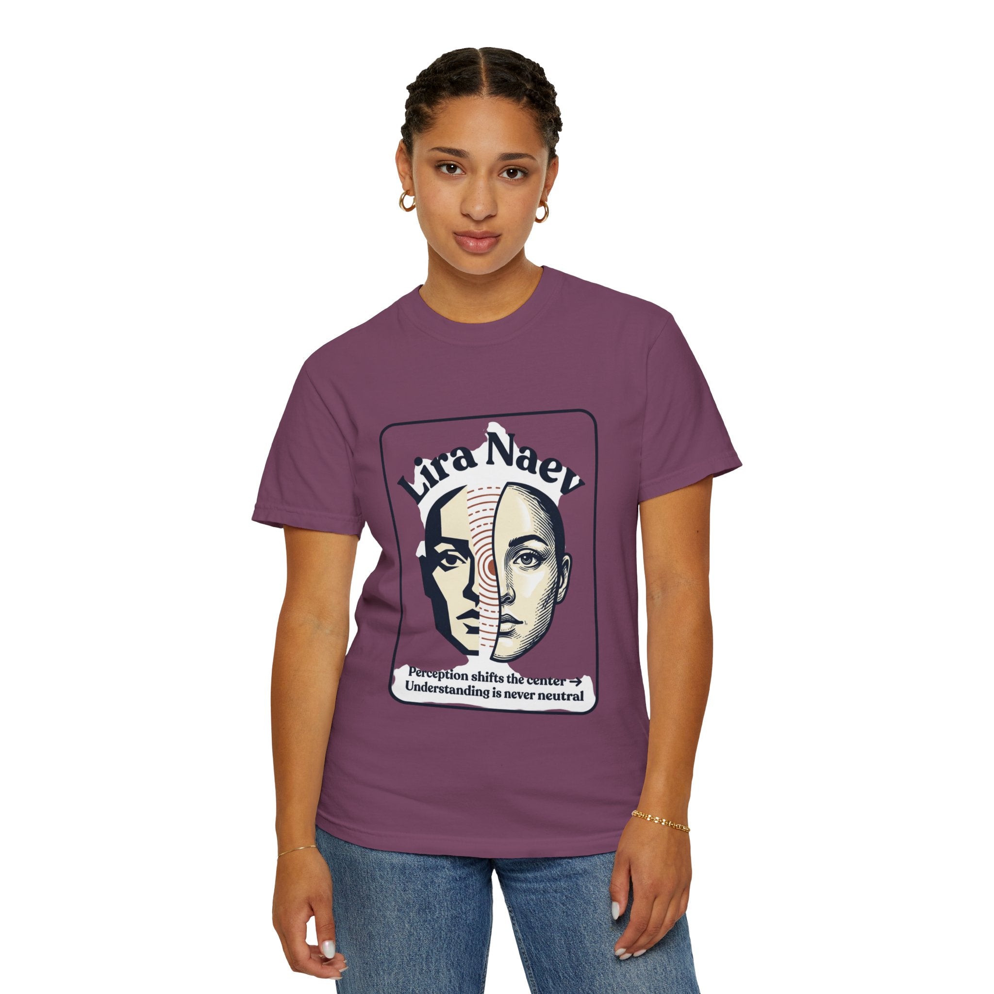 Power Runs Black PRB Lira Naev Split-Face Graphic T-Shirt — “Perception shifts the center” Statement Tee by Printify