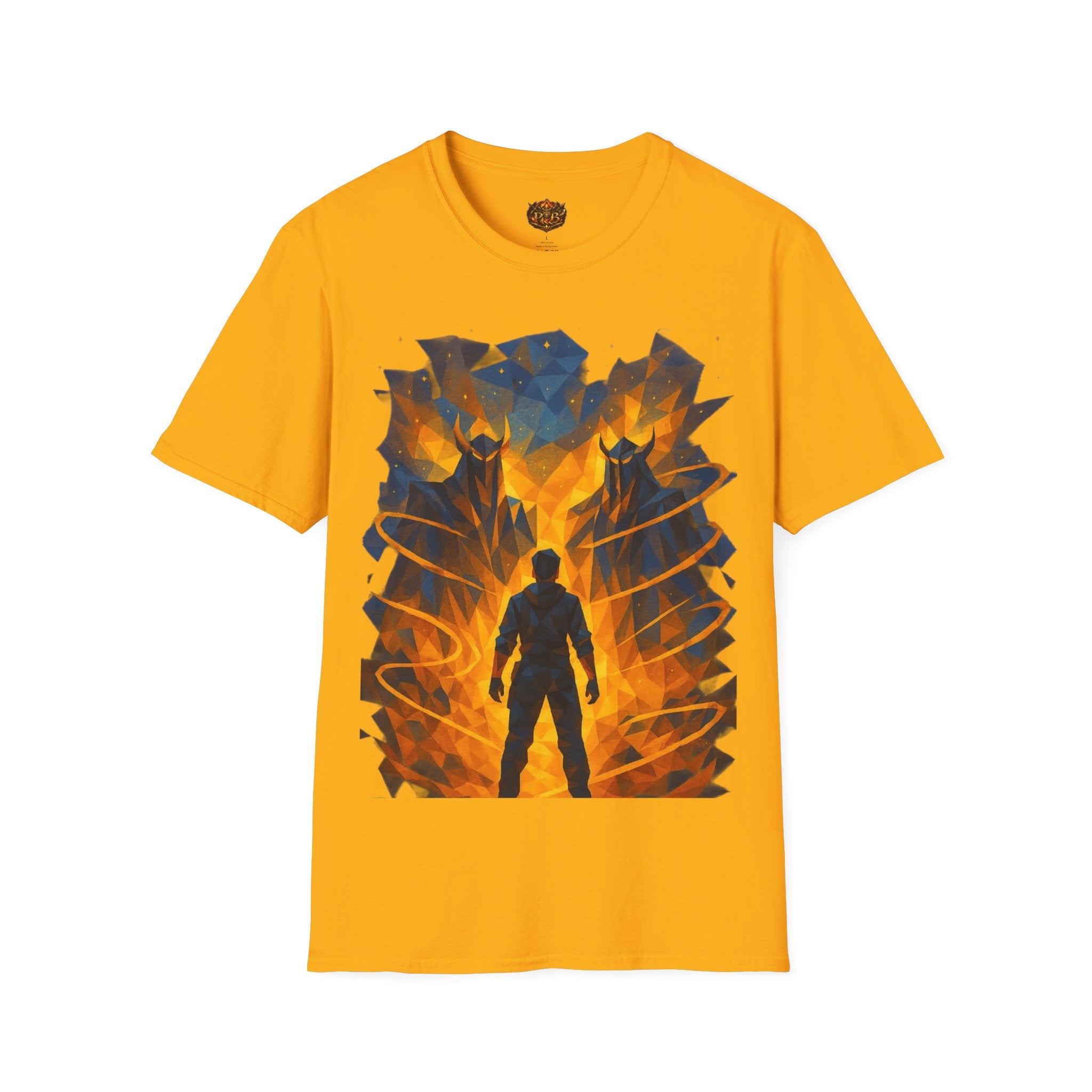 PRB Flame Silhouette Warrior T-Shirt | Fiery Geometric Backdrop by Power Runs Black