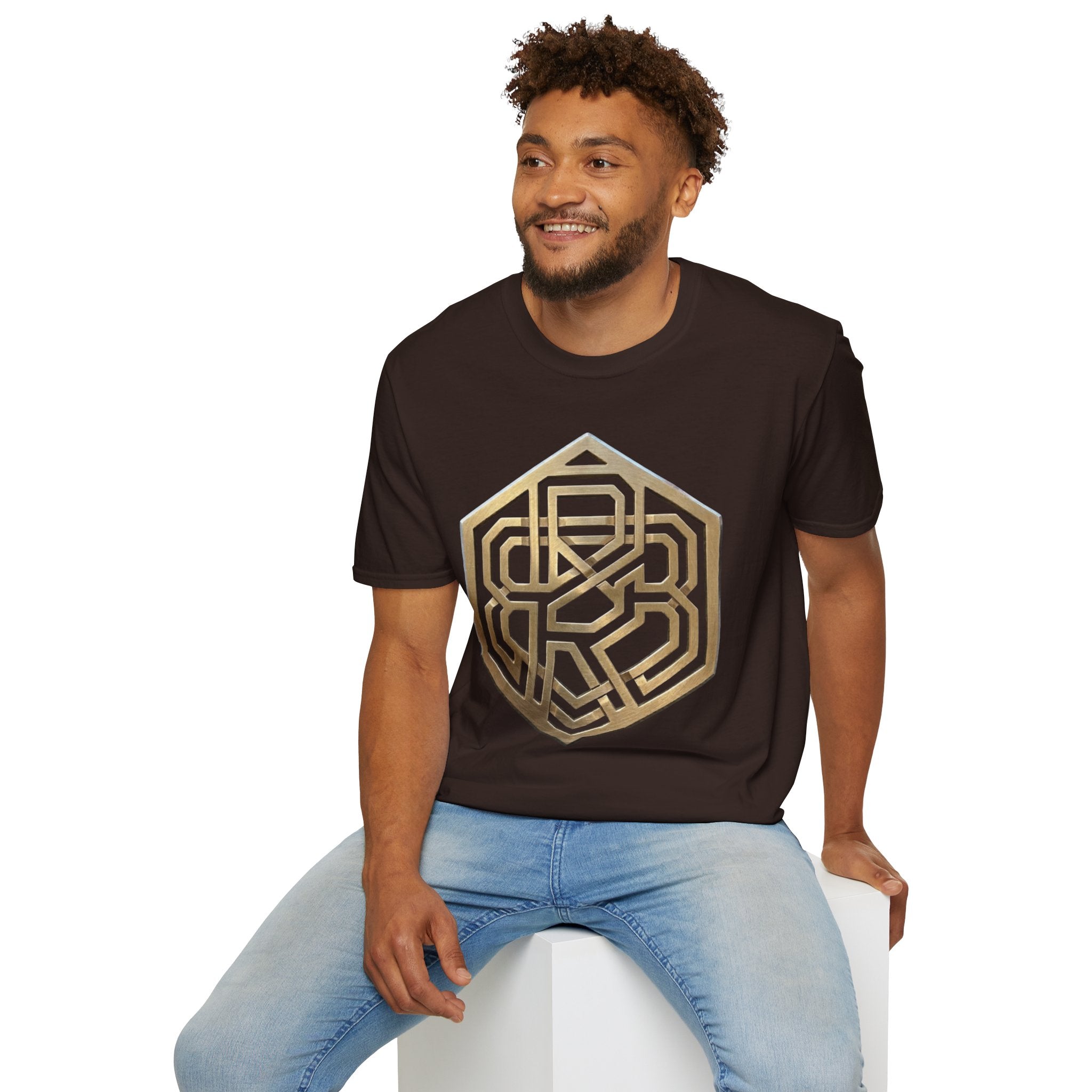 Power Runs Black PRB Geometric Gold Hexagon T-Shirt — Modern Maze Logo Tee by Printify