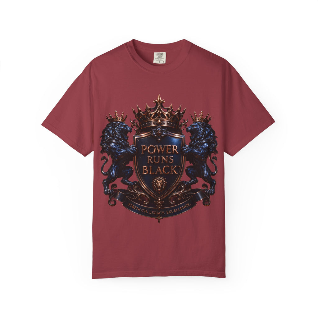 Power Runs Black Crest T-shirt | Heraldic Lion Shield Tee by Power Runs Black