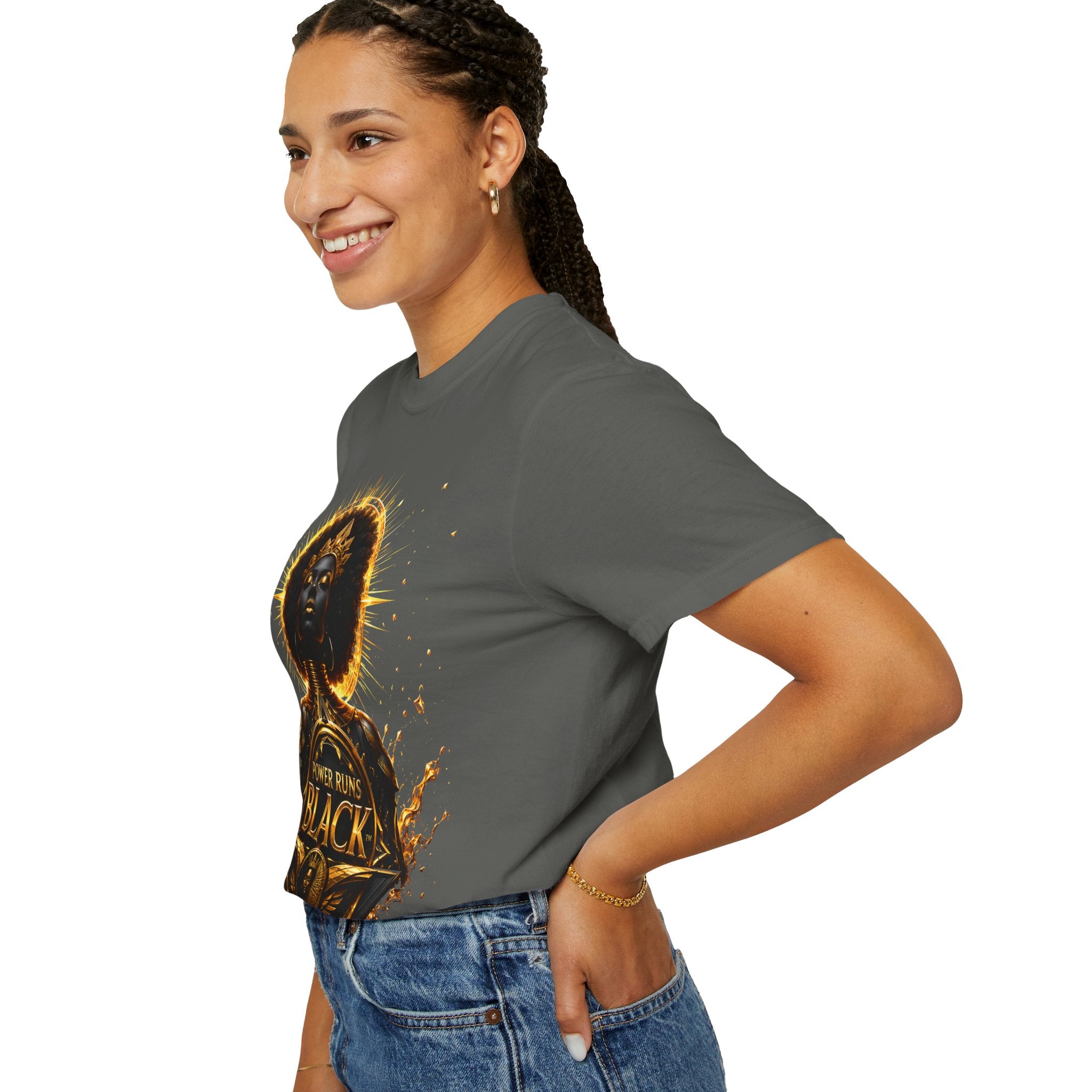 Power Runs Black goddess illustration T-Shirt | Afrocentric black pride design by Power Runs Black