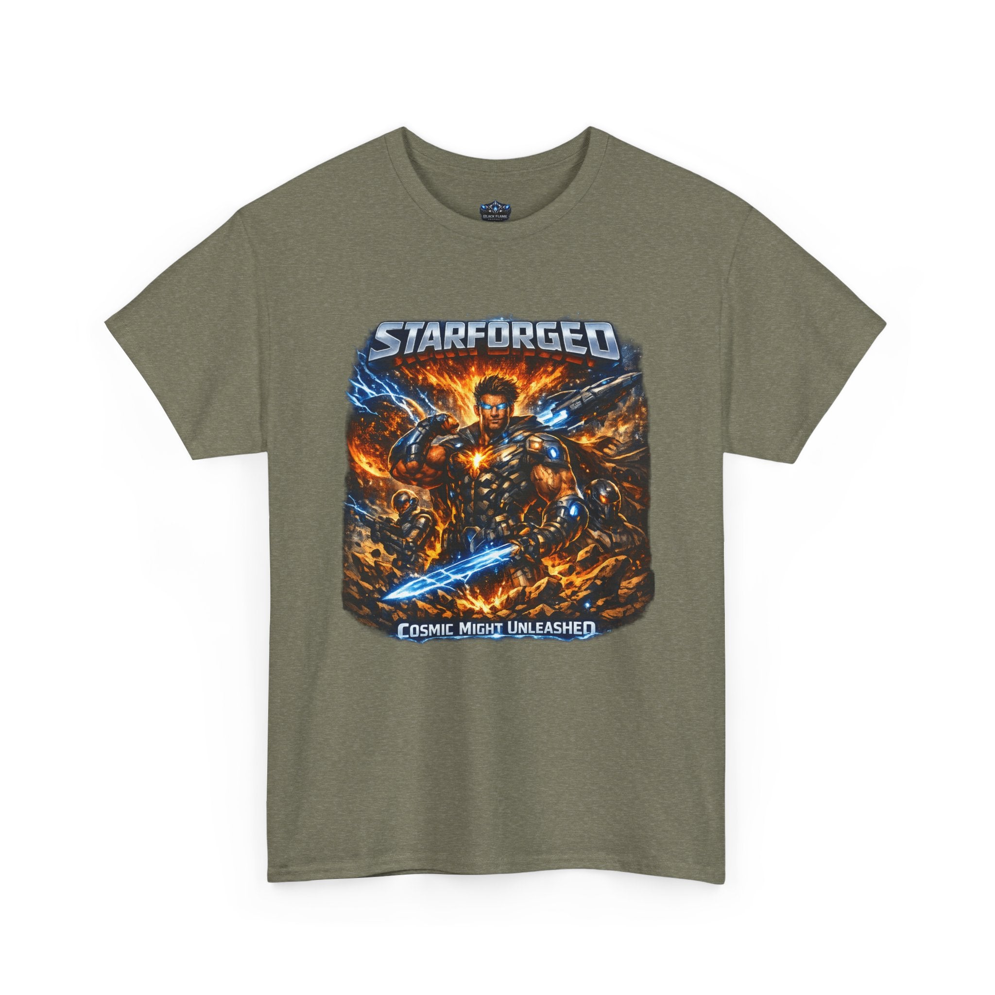 Starforged Flex : Cosmic Might Unleashed Illustration Graphic T by Power Runs Black