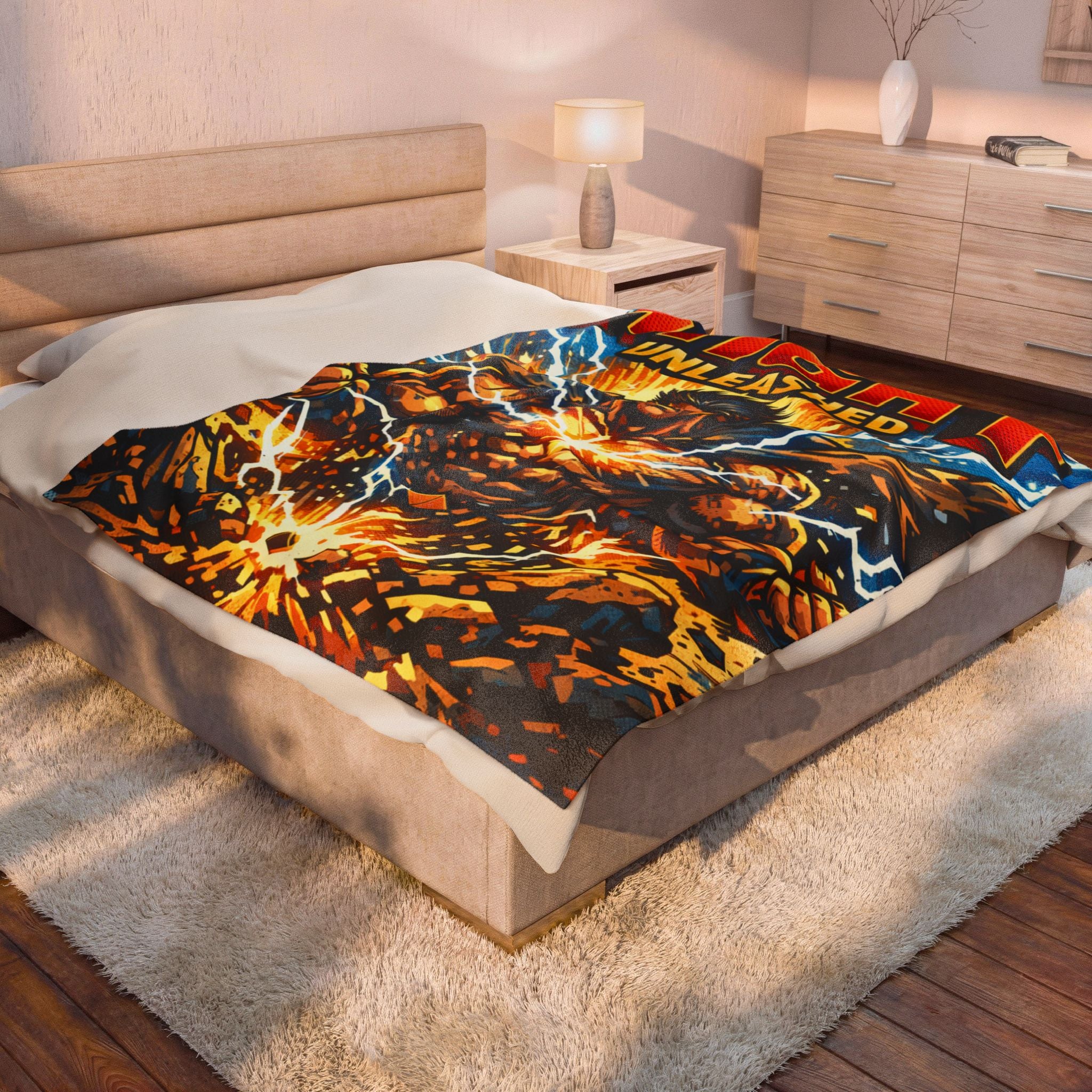 PRB Velveteen Plush Blanket — "MIGHT UNLEASHED" Superhero Power Throw by Printify