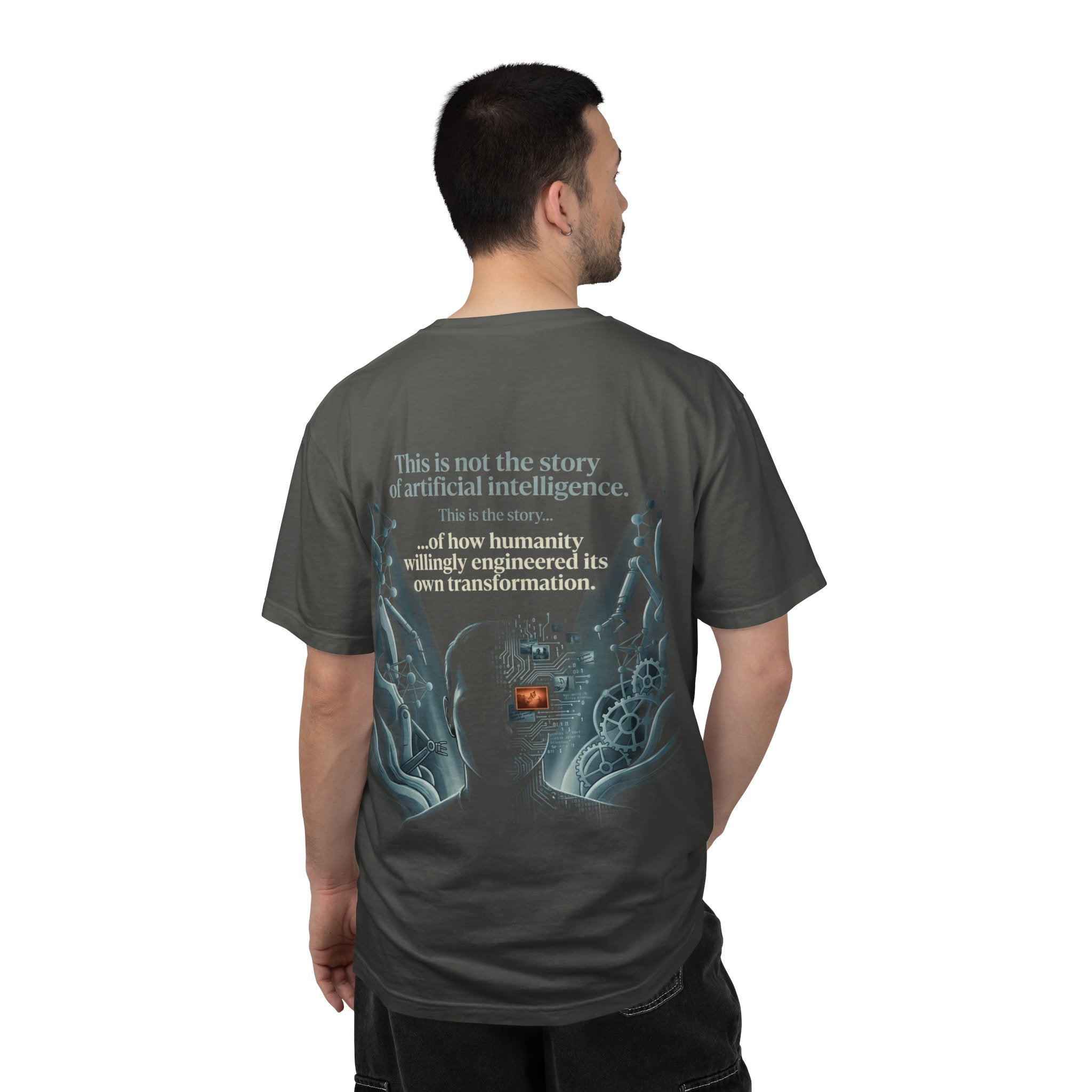 Power Runs Black AI Fusion Graphic T-Shirt — "The Core Age" Split Face Design by Power Runs Black
