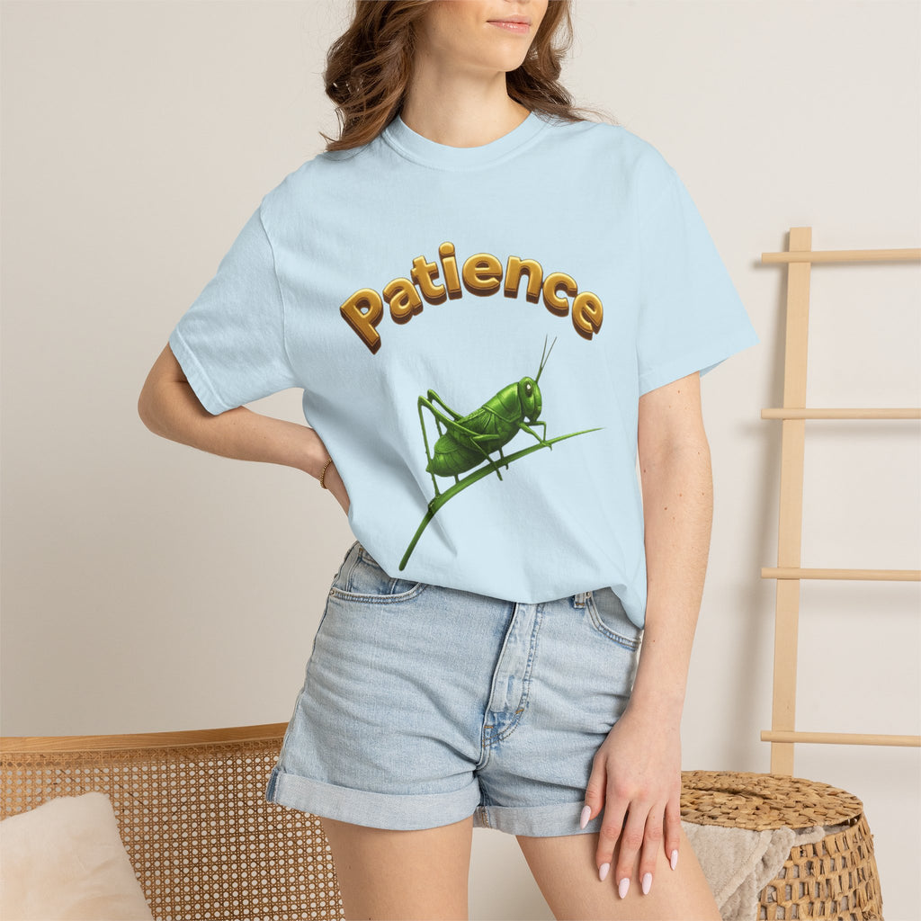 PRB Patience Grasshopper T-shirt | Green Grasshopper Illustration, Positive Quote by Power Runs Black