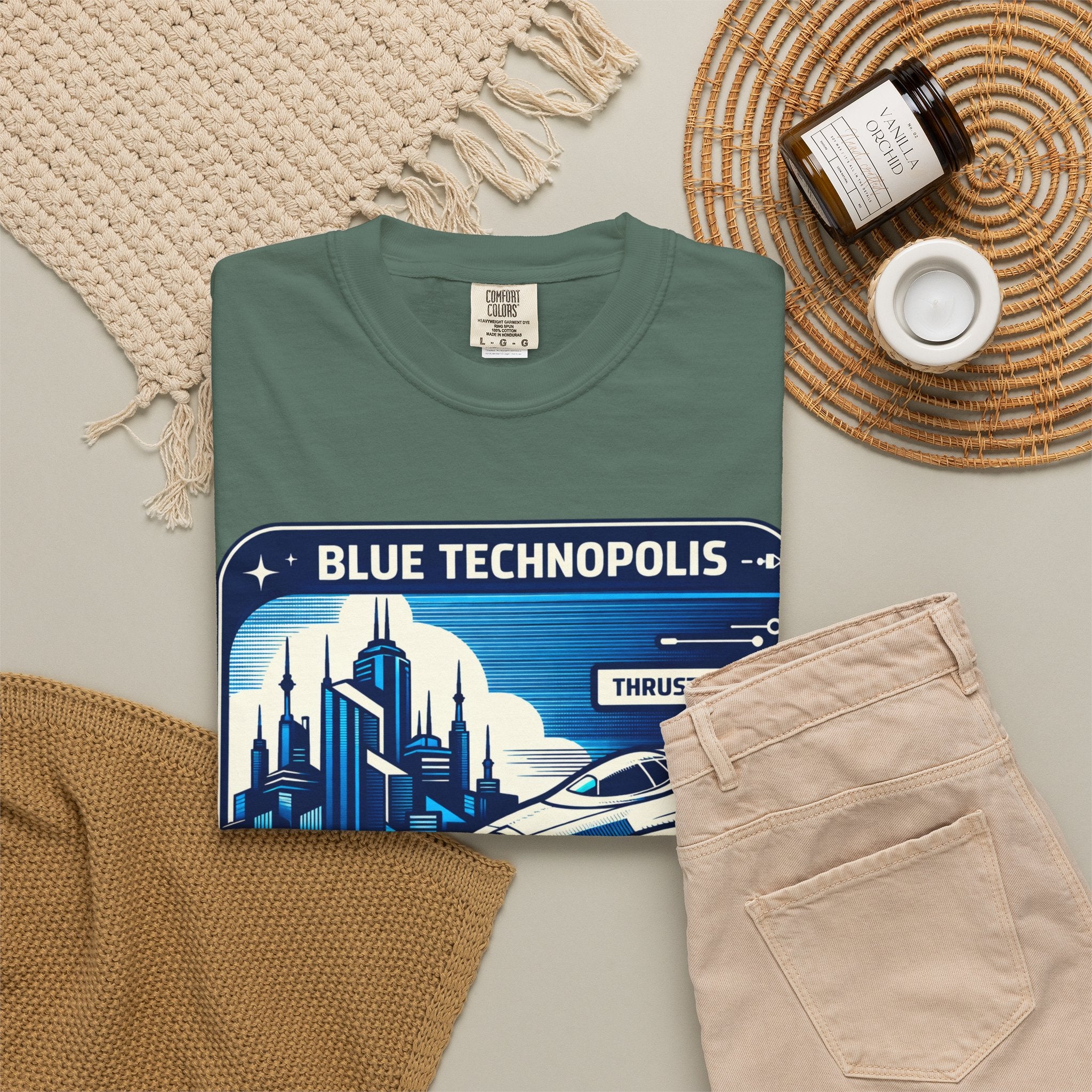 Power Runs Black PRB Technopolis Spacecraft T-Shirt — Blue Technopolis Retro Sci‑Fi Tee by Printify