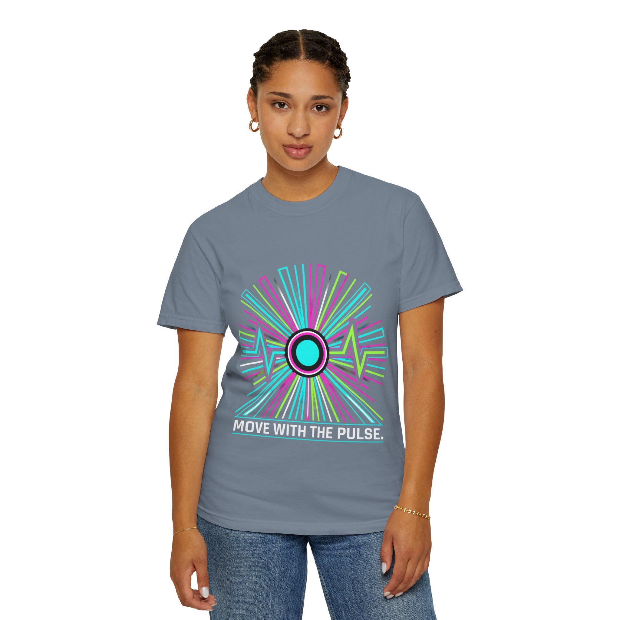Power Runs Black PRB Electric "Move With Pulse" Graphic T-Shirt — Neon Sunburst Design by Power Runs Black