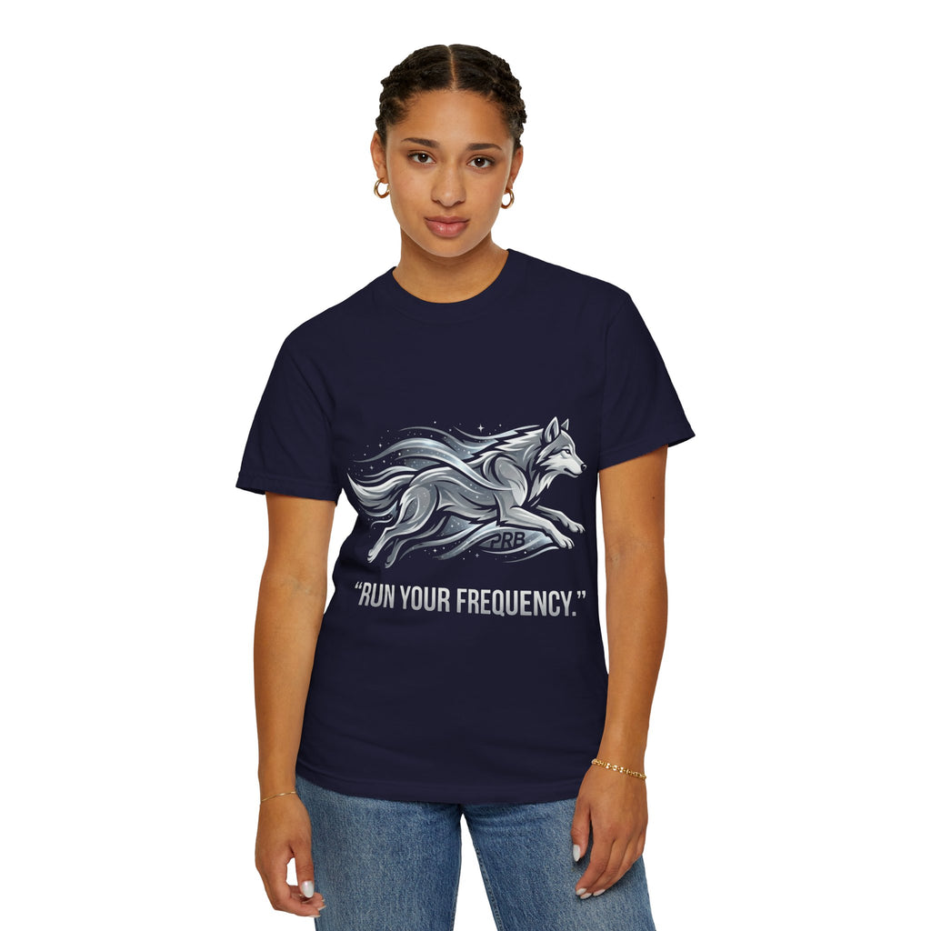 Wolf Graphic T-Shirt — 'Run Your Frequency' Motivational Tee by Printify