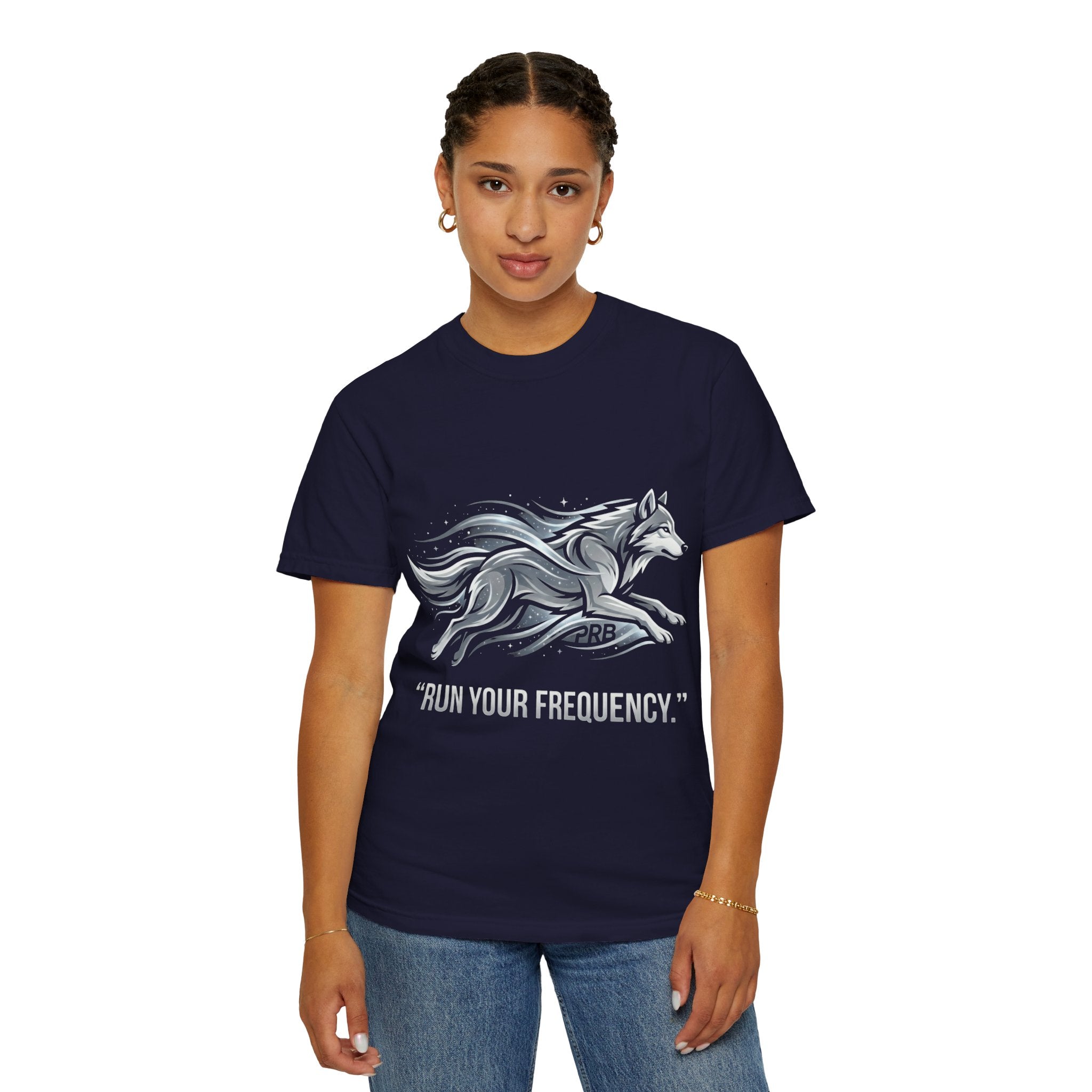 Wolf Graphic T-Shirt — 'Run Your Frequency' Motivational Tee by Printify