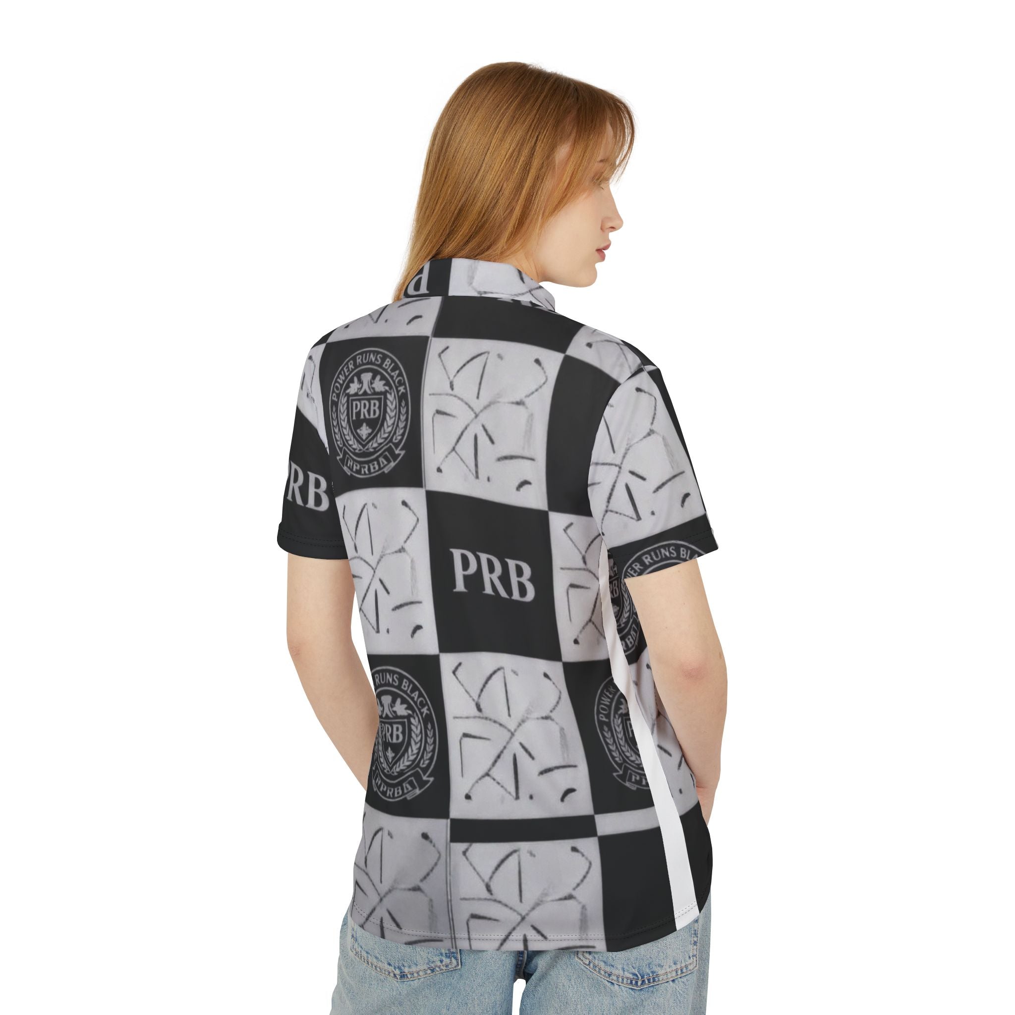 PRB Checkerboard Logo Polo Shirt — PRB Monogram All-Over Print by Printify