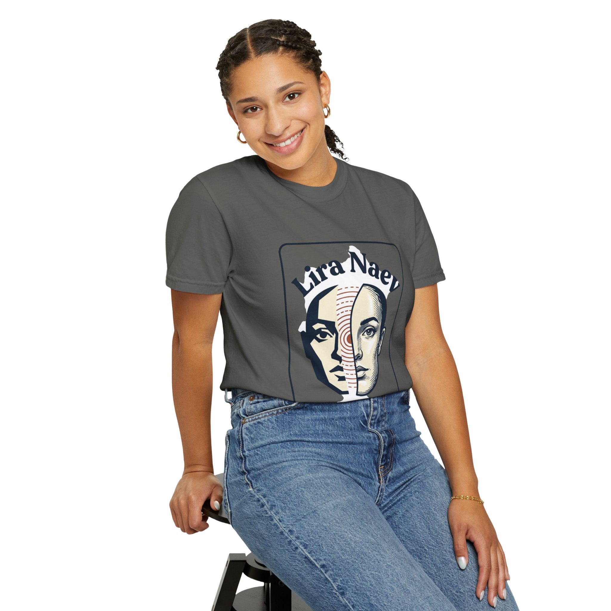 Power Runs Black PRB Lira Naev Split-Face Graphic T-Shirt — “Perception shifts the center” Statement Tee by Printify
