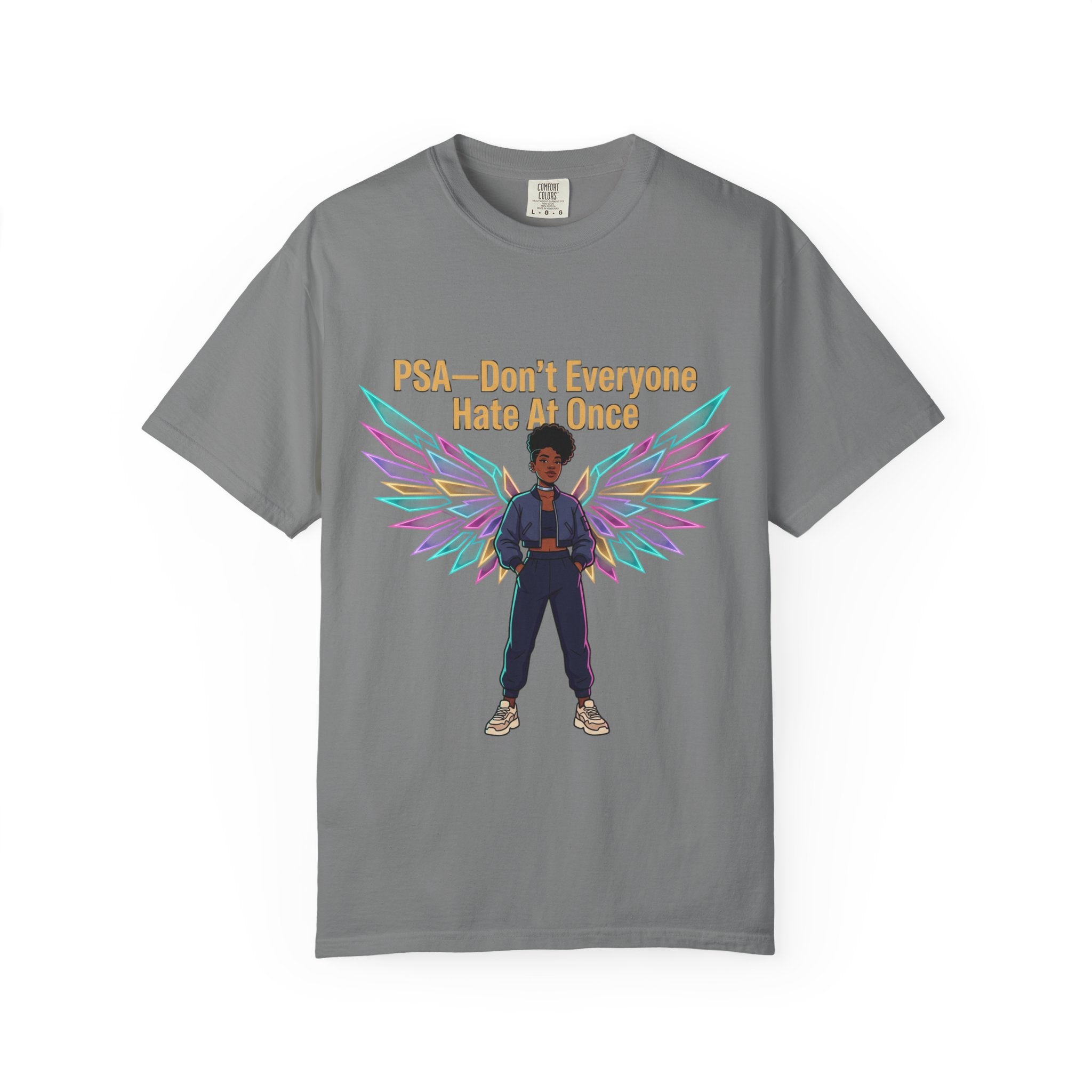 T-Shirt — PSA “Don't Everyone Hate At Once” Angel Wings Graphic Tee by Printify