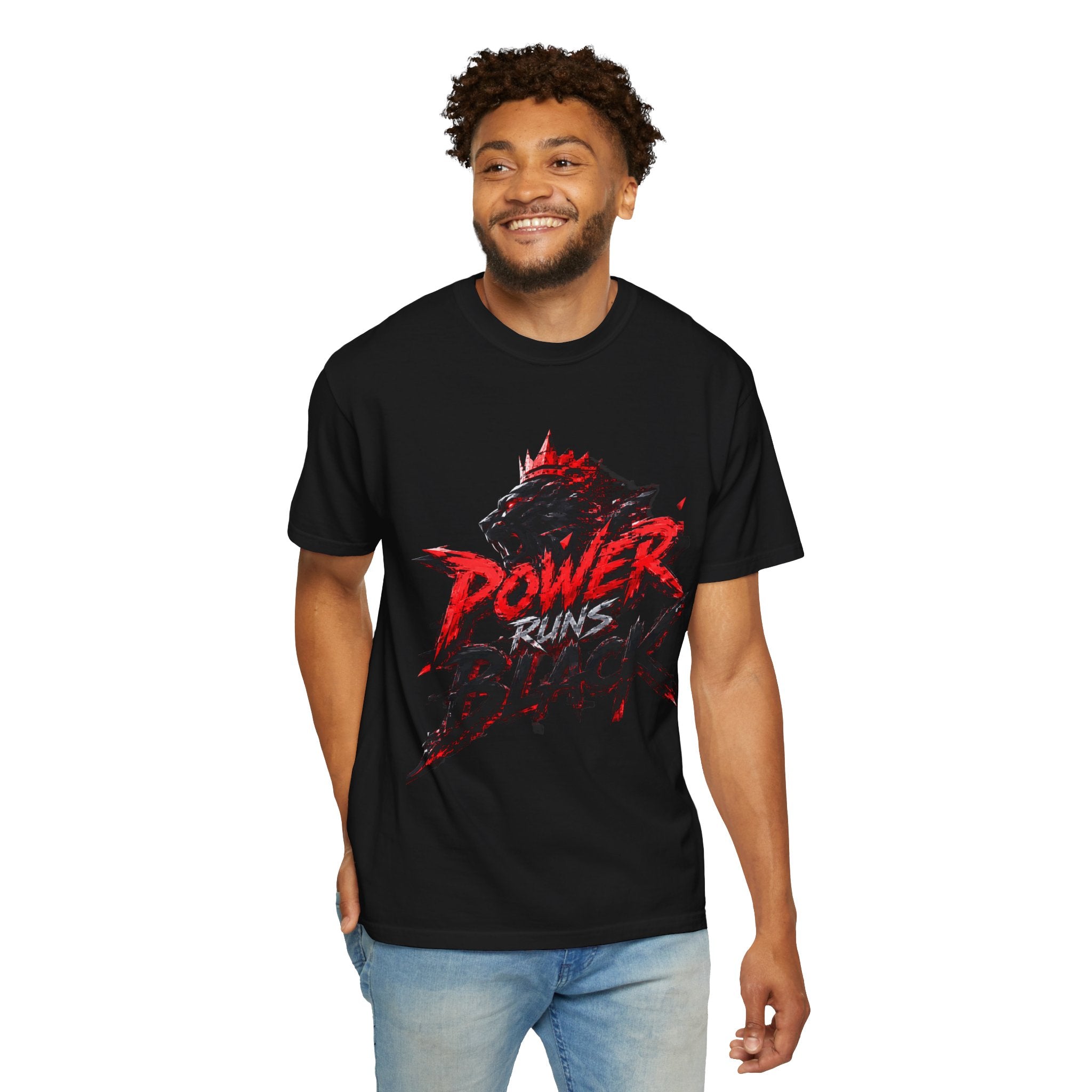 Power Runs Black T-shirt | Wolf Silhouette, Red Black Graphic Tee by Power Runs Black