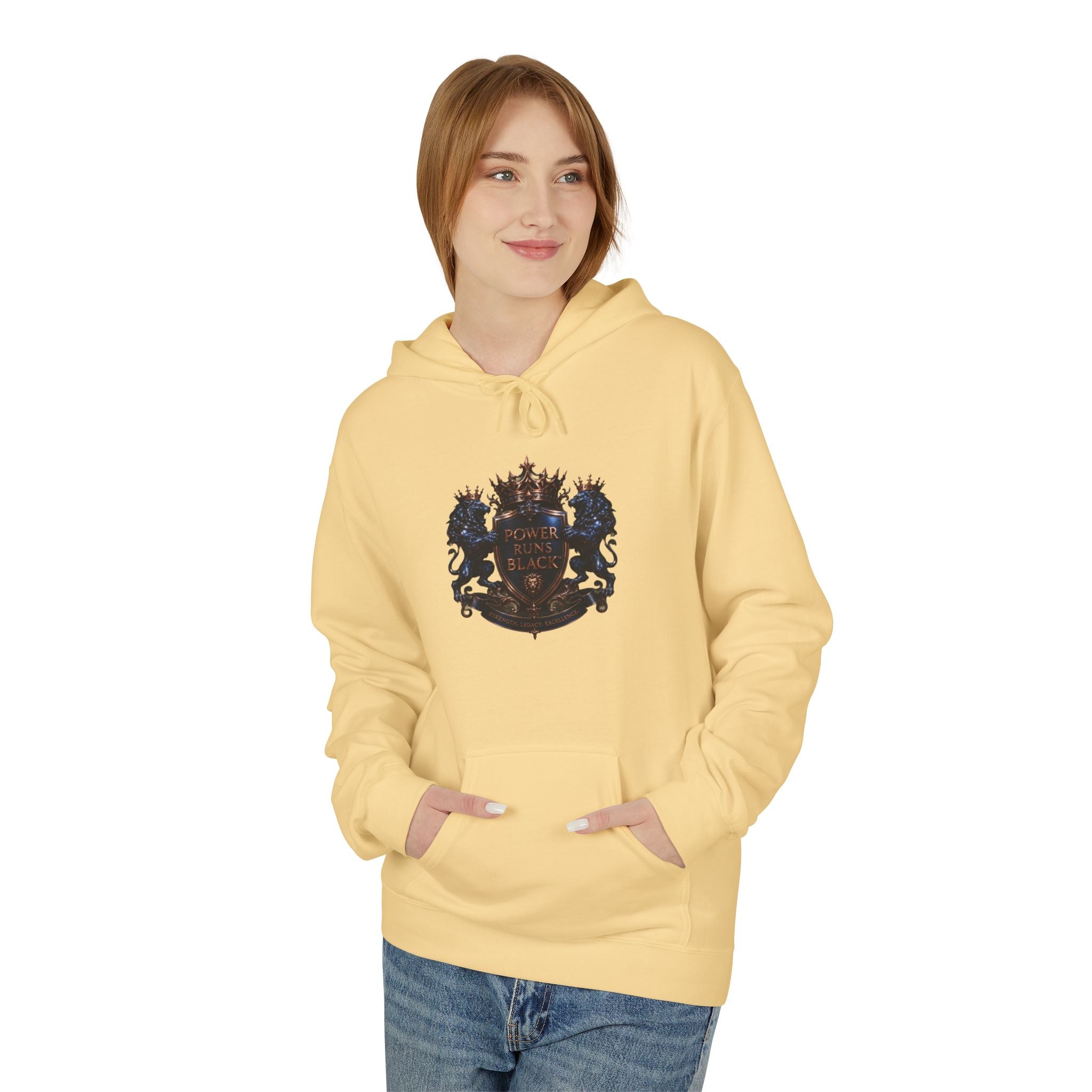 Power Runs Black crest hoodie | medieval shield with lions and wings by Power Runs Black