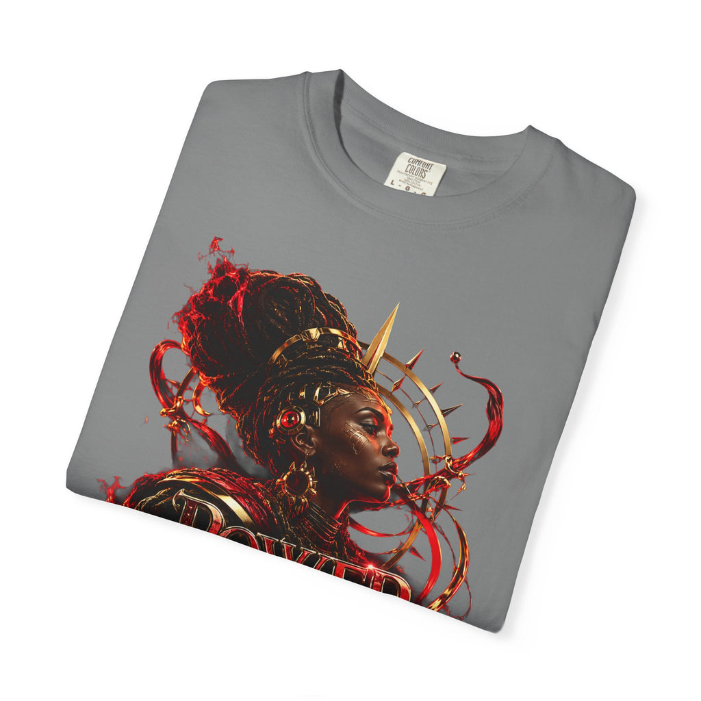 Power Runs Black T-Shirt — Afrocentric Crowned Goddess Graphic Tee by Printify