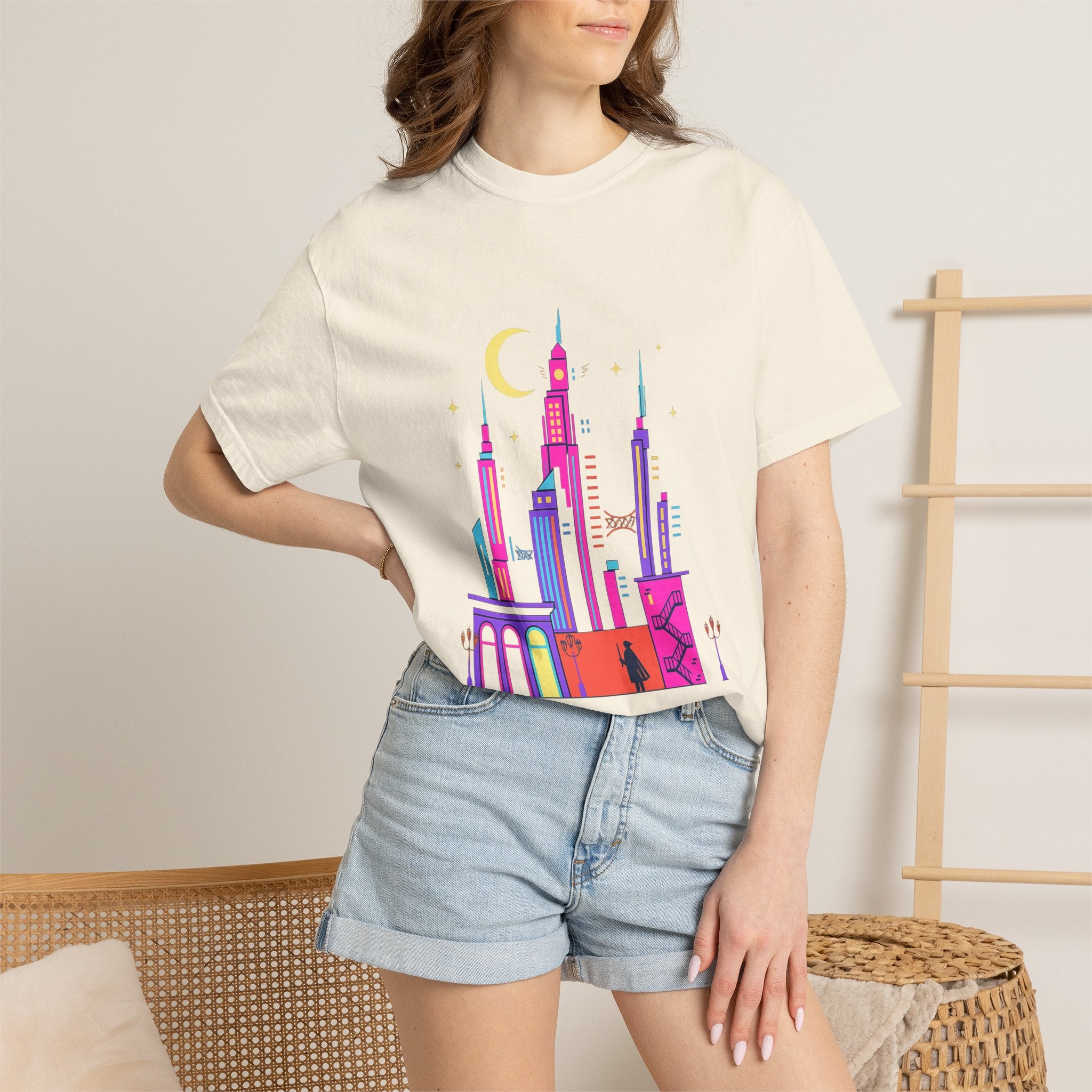 Power Runs Black PRB Neon City Skyline T-shirt | Vibrant Urban Nightscape Tee by Printify
