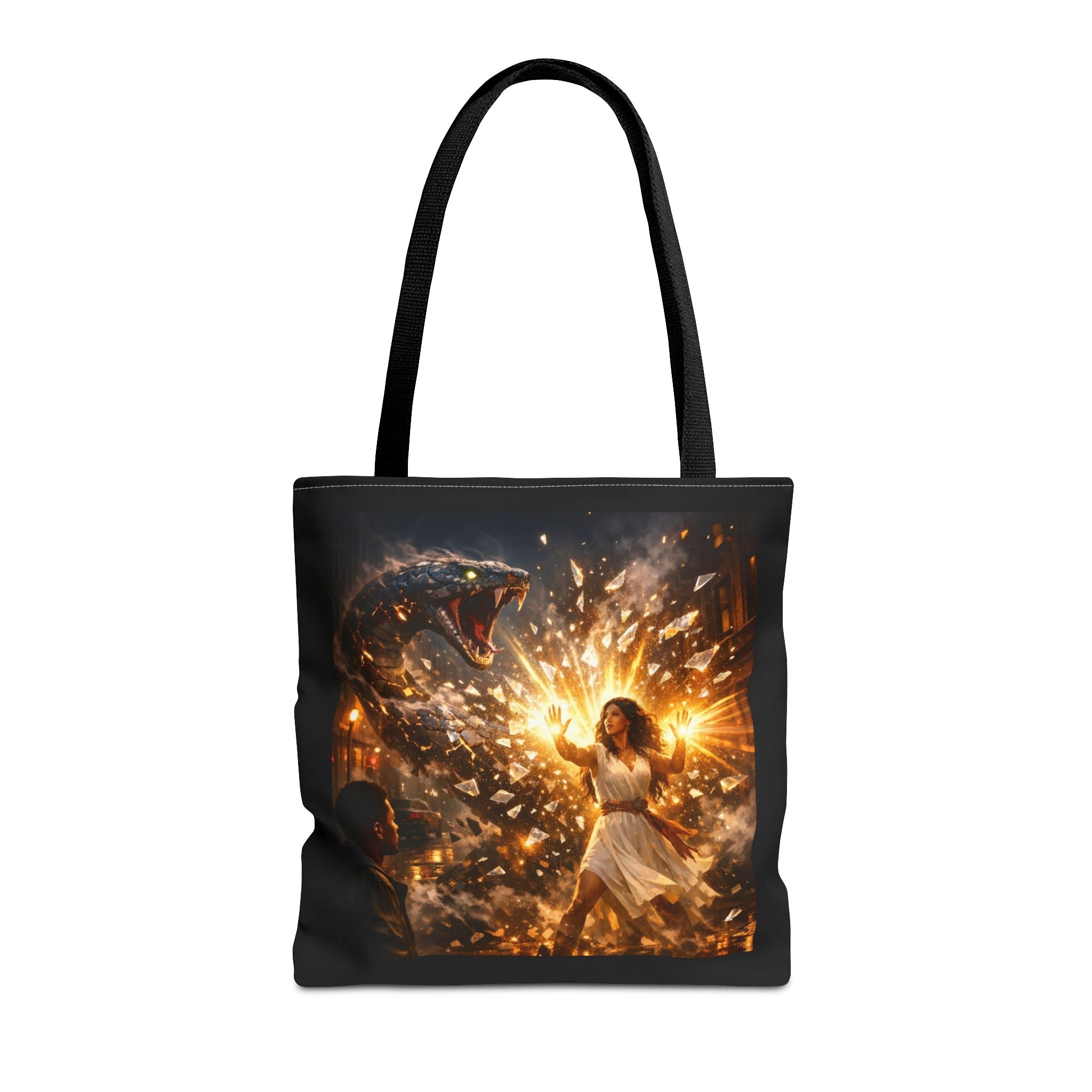 PRB Raging Serpent Burst tote bag | Fantasy serpent explosion art by Power Runs Black