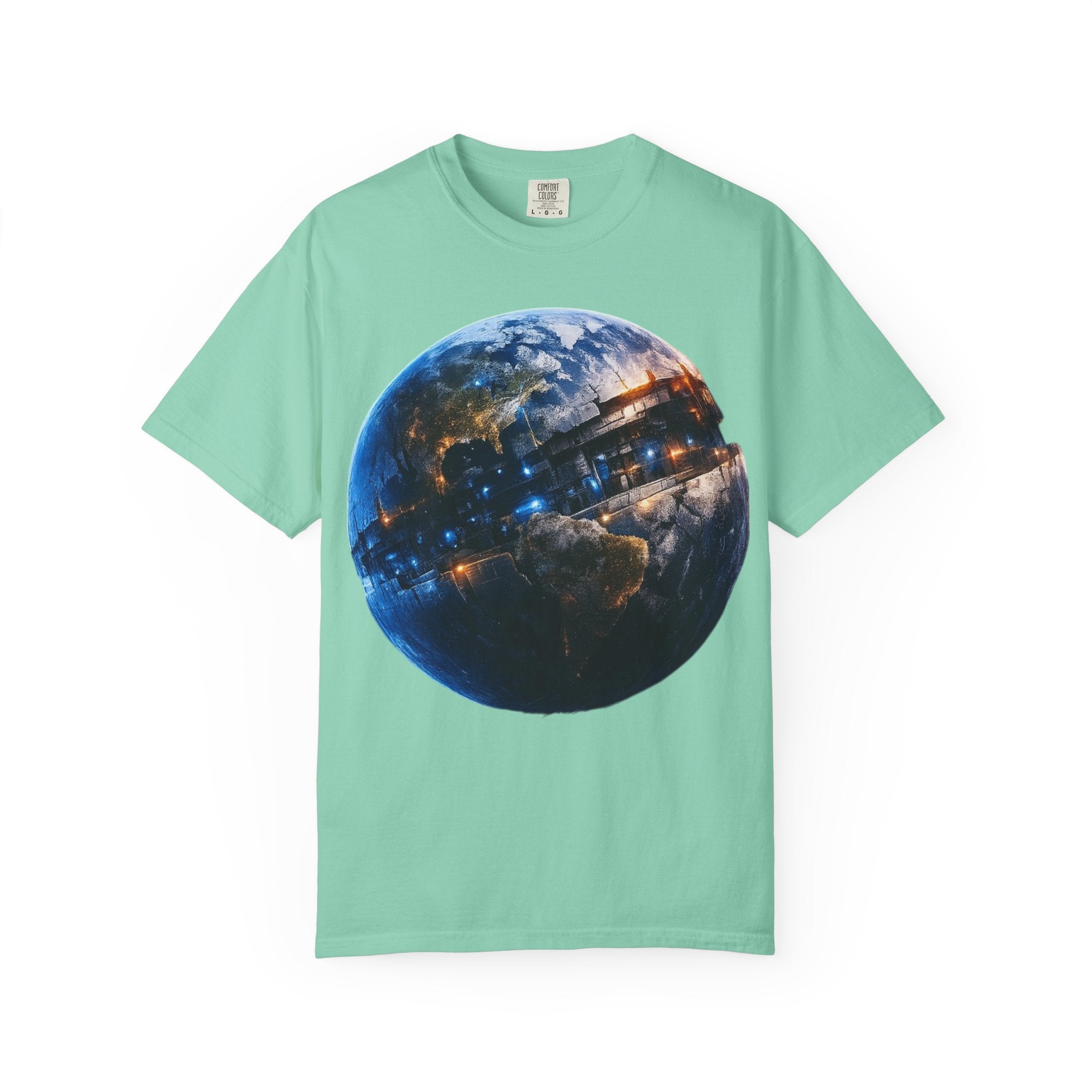 PRB Cityscape Globe T-shirt | Nighttime Earth Illustration, Urban Lights by Power Runs Black