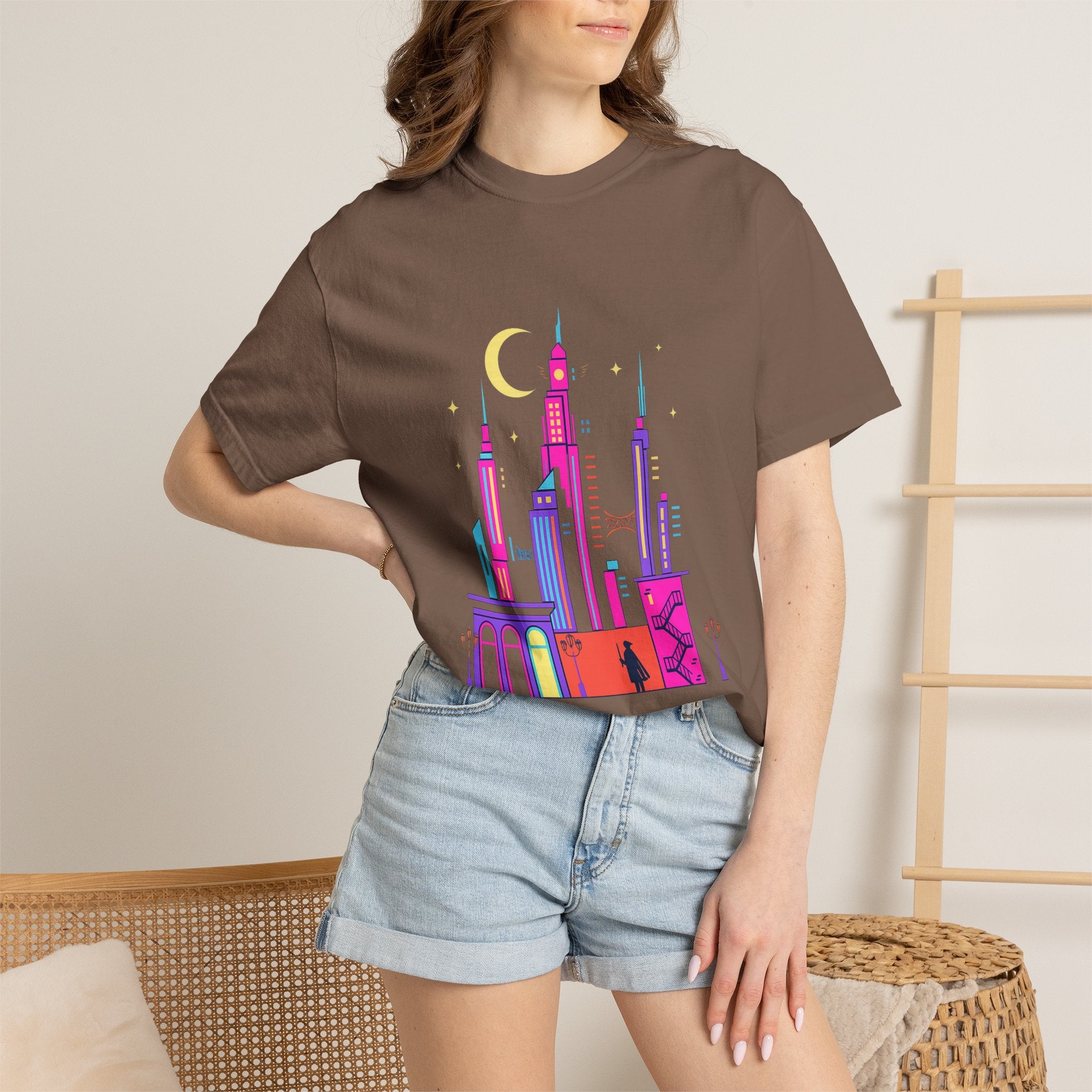 Power Runs Black PRB Neon City Skyline T-shirt | Vibrant Urban Nightscape Tee by Printify