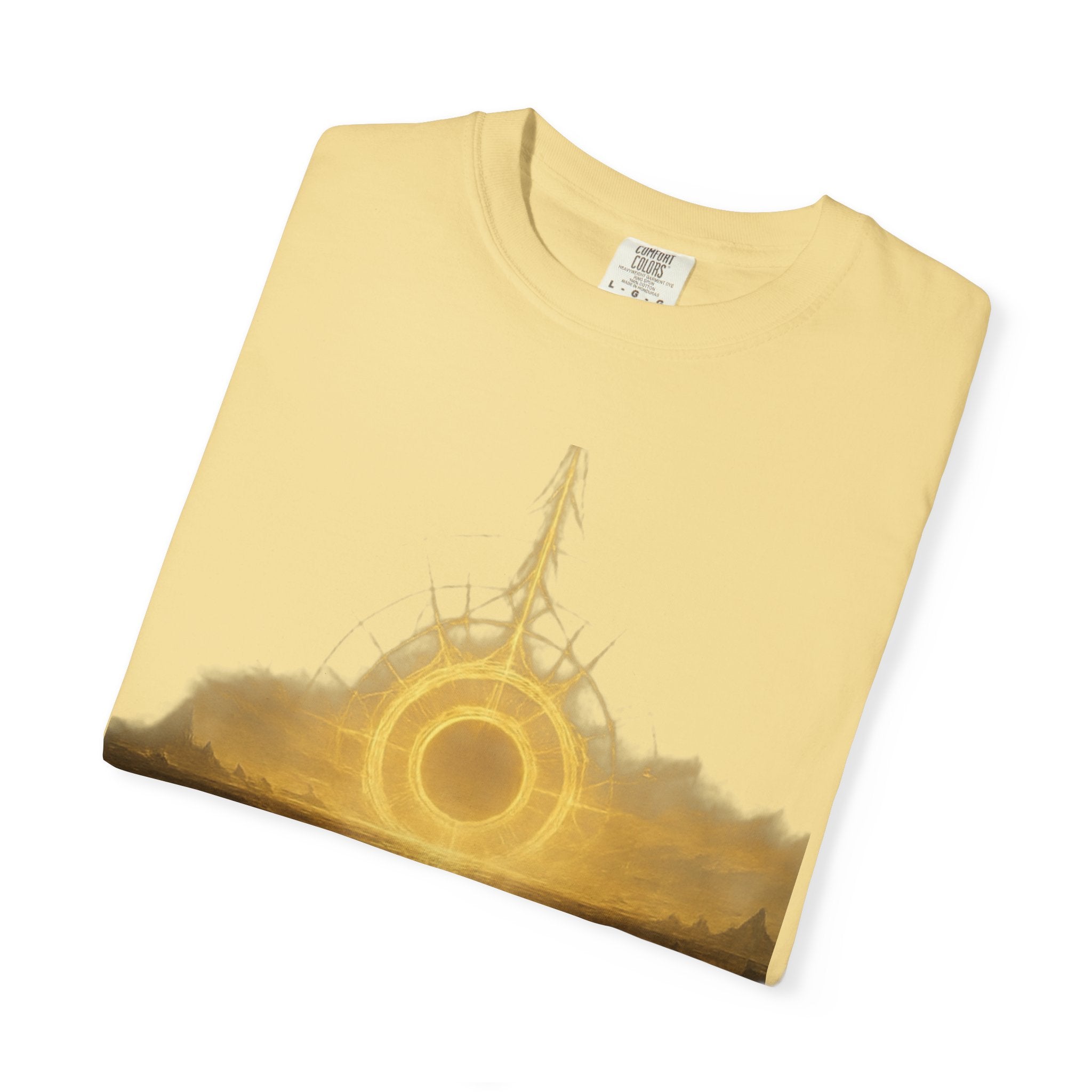 Power Runs Black PRB Golden Eclipse Portal T-shirt | Fantasy Landscape, Mystic Ring, Tower Art by Power Runs Black