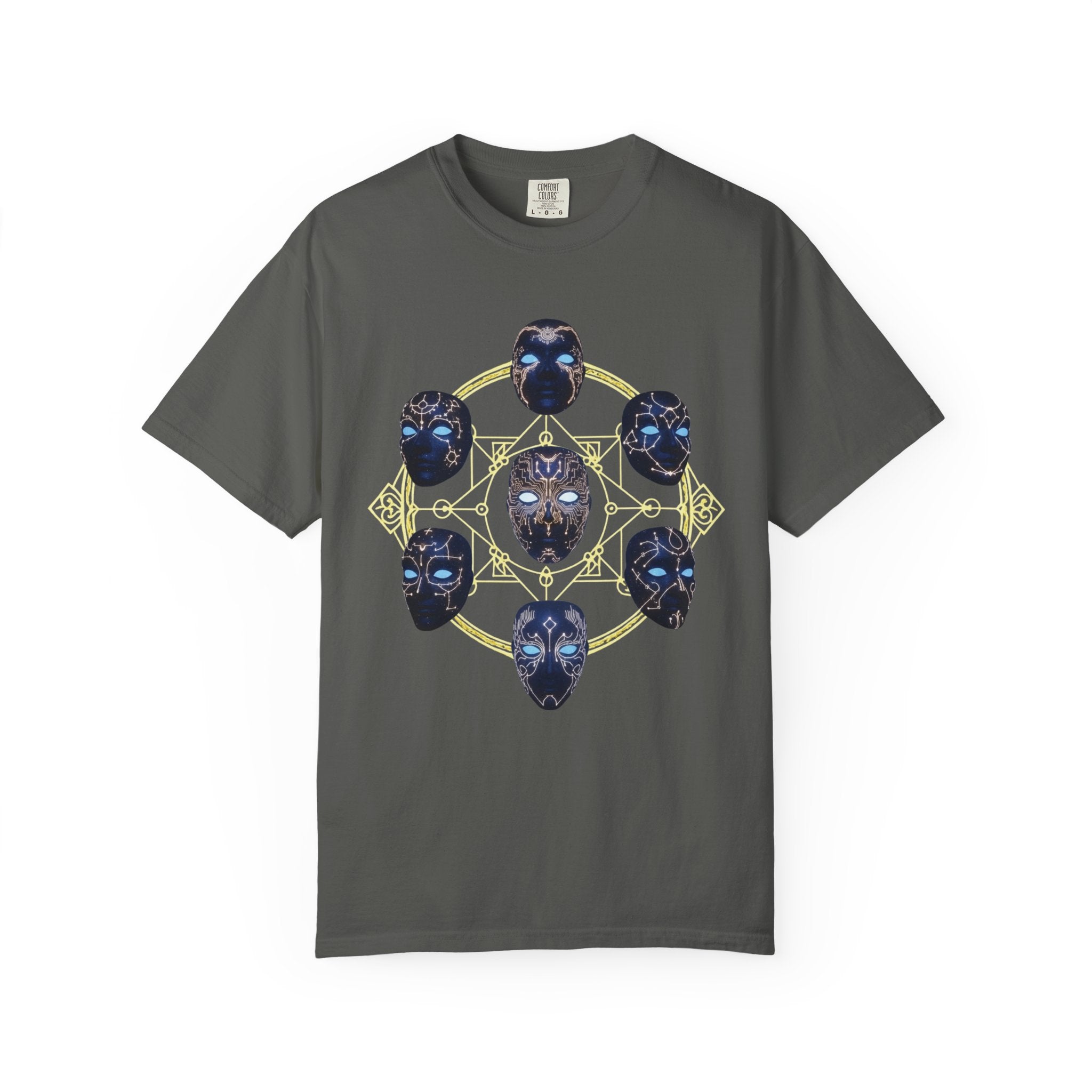 PRB Tribal Mask Circle Graphic Tee, Spiritual Afrocentric Art by Printify