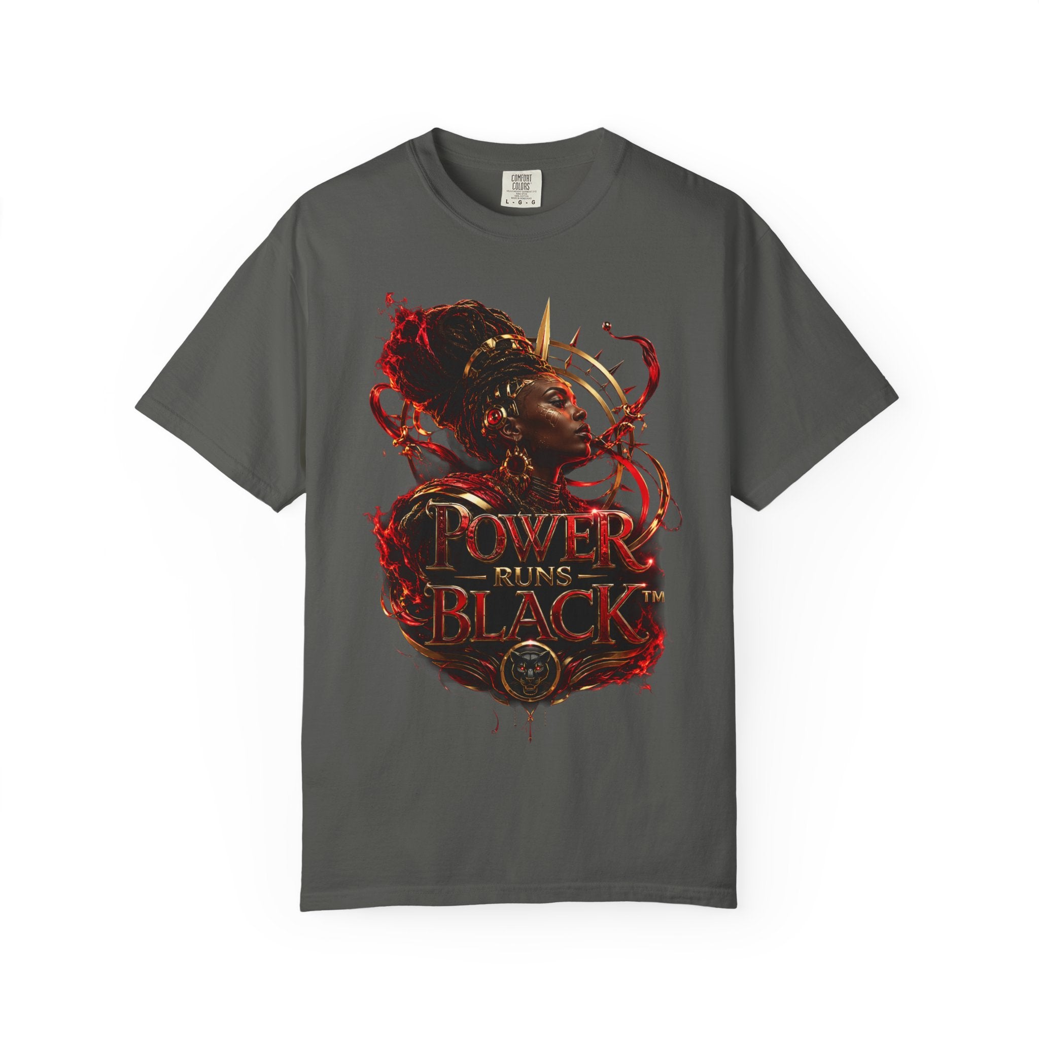 Power Runs Black T-Shirt — Afrocentric Crowned Goddess Graphic Tee by Printify