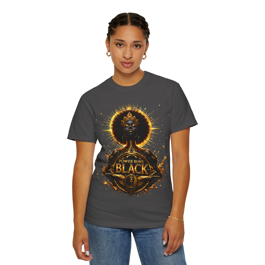 Power Runs Black goddess illustration T-Shirt | Afrocentric black pride design by Power Runs Black