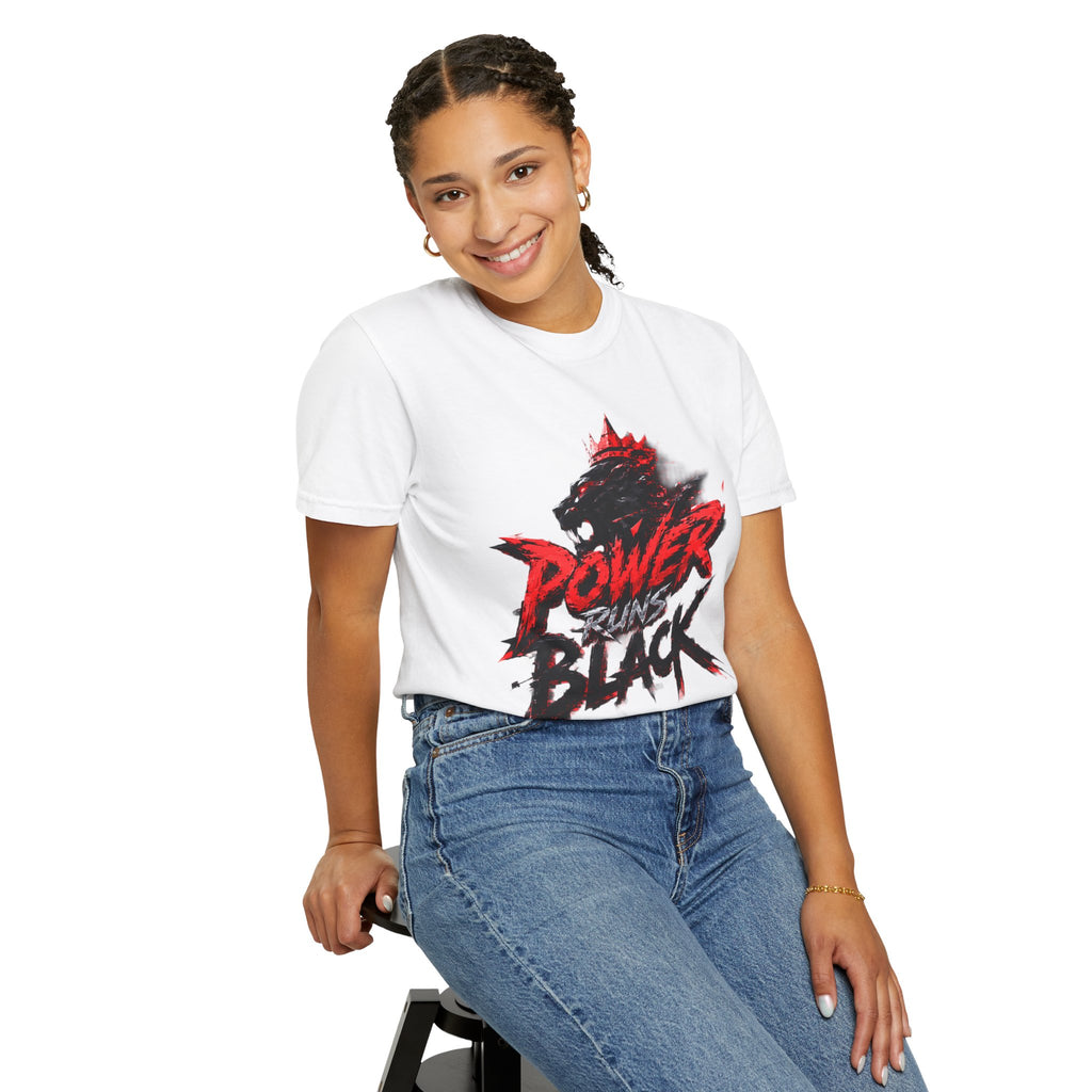 Power Runs Black T-shirt | Wolf Silhouette, Red Black Graphic Tee by Power Runs Black