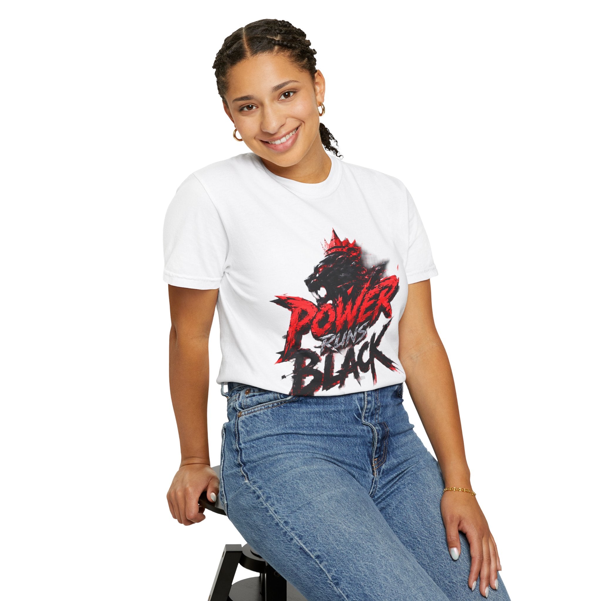 Power Runs Black T-shirt | Wolf Silhouette, Red Black Graphic Tee by Power Runs Black