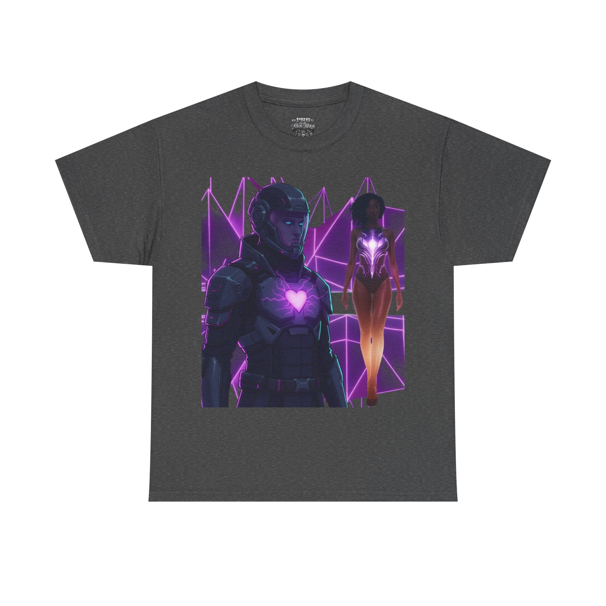 Power Run Black PRB Pretty Rich Bitch The Collection Purple Heart Cyberpunk Knight T-Shirt | Futuristic Armor Sci‑Fi Tee by Printify