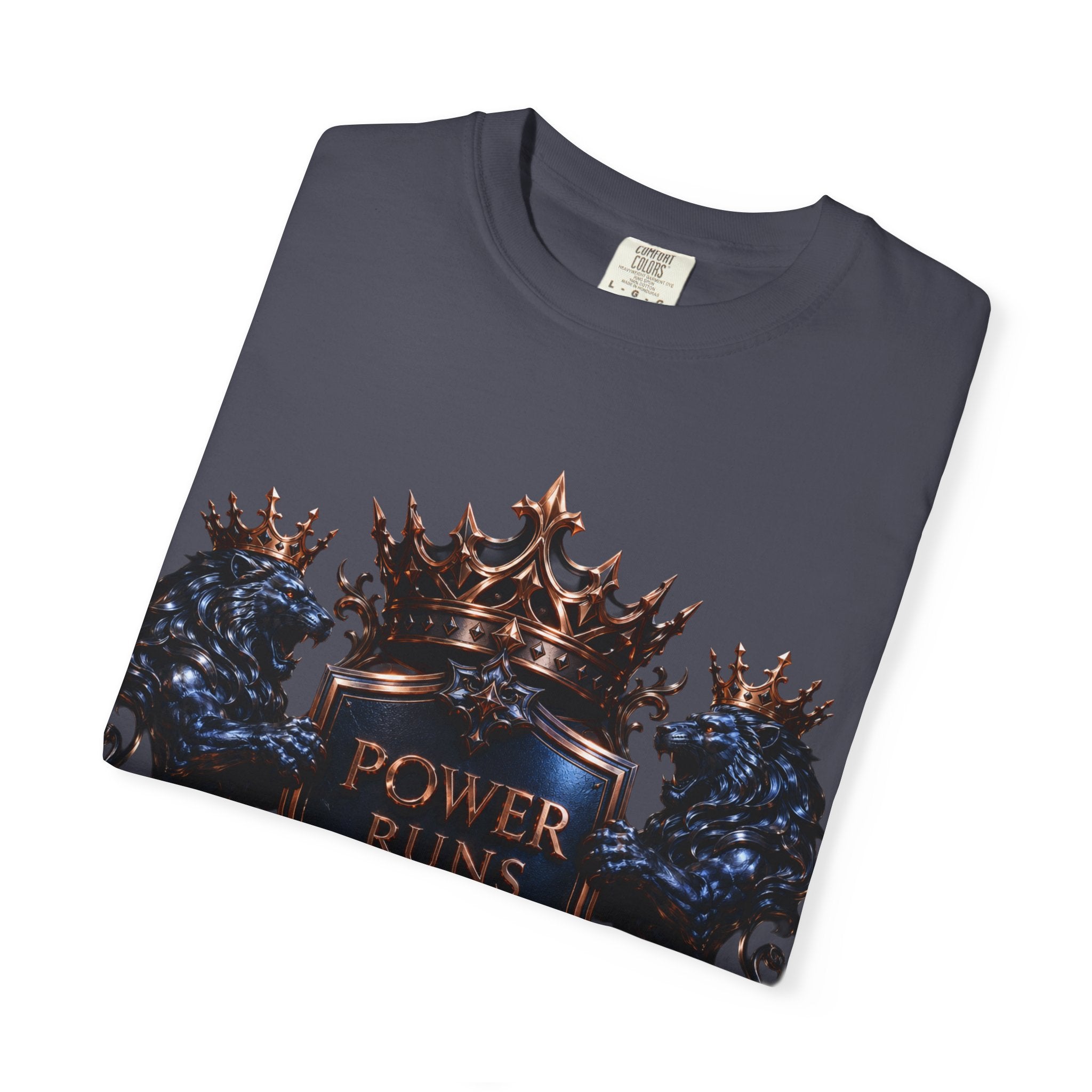 Power Runs Black Crest T-shirt | Heraldic Lion Shield Tee by Power Runs Black