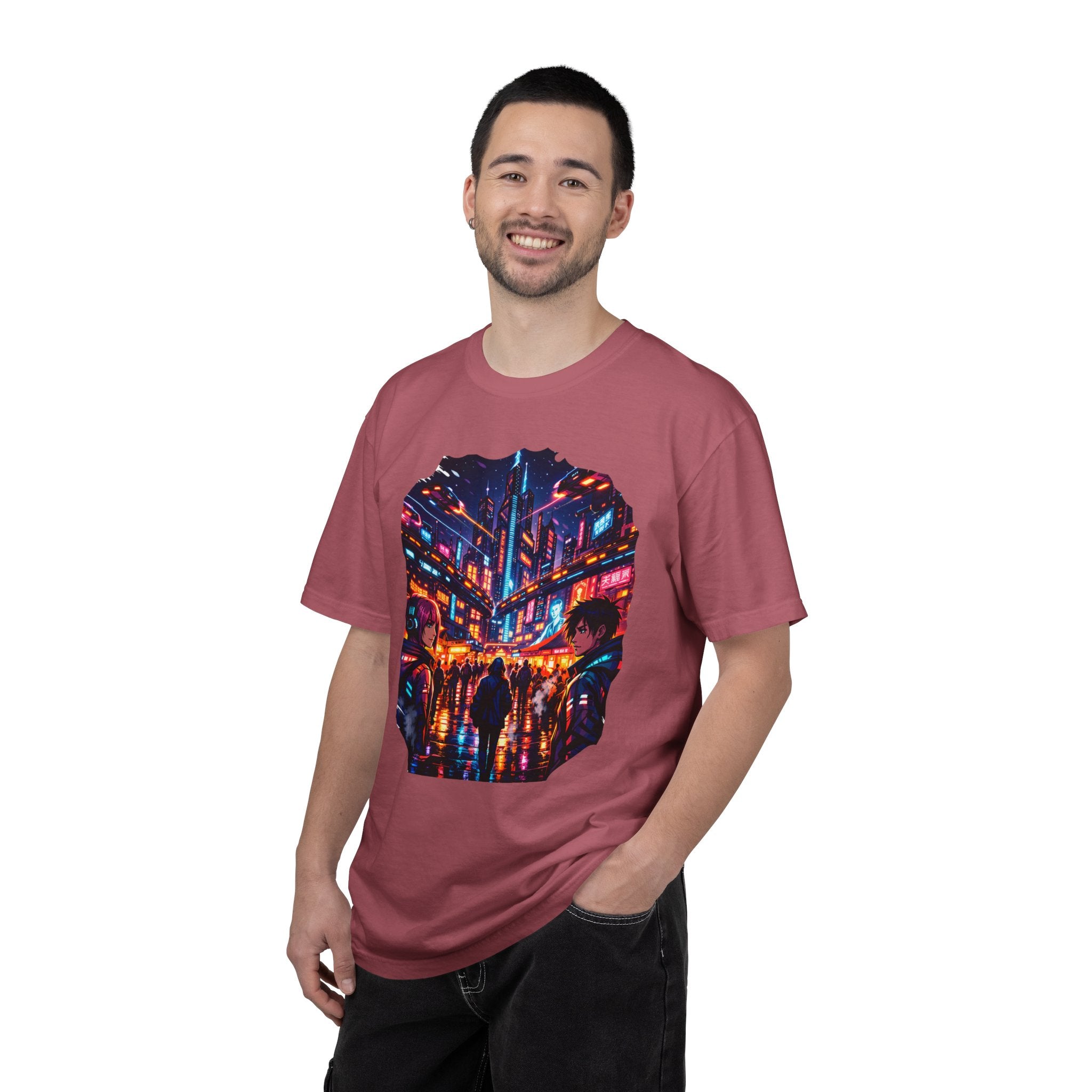 PRB Neon Cyberpunk Cityscape T-shirt | Anime Night Rain Streets by Power Runs Black