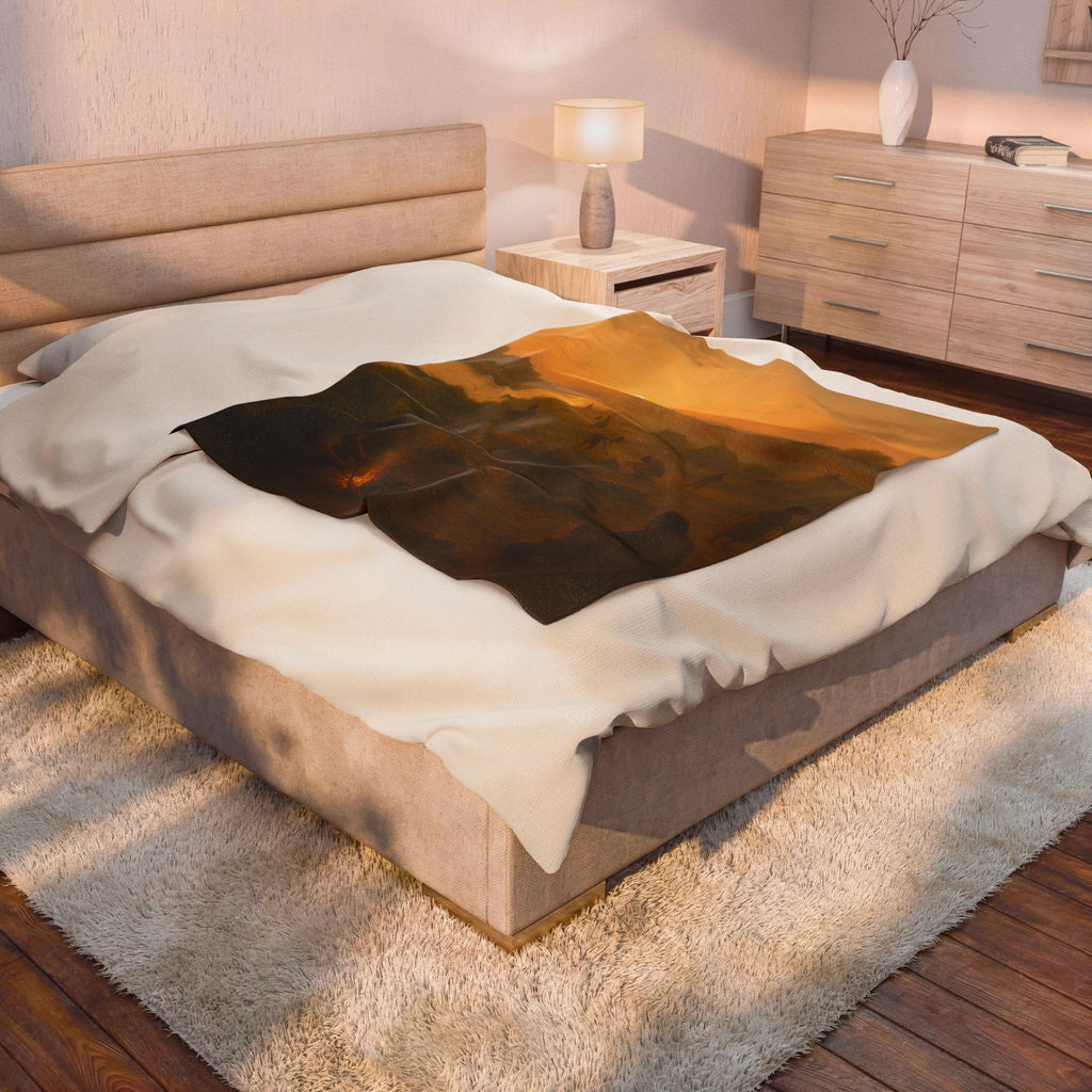PRB Sunset Campfire Scene Velveteen Plush Blanket | Native Village Landscape by Printify