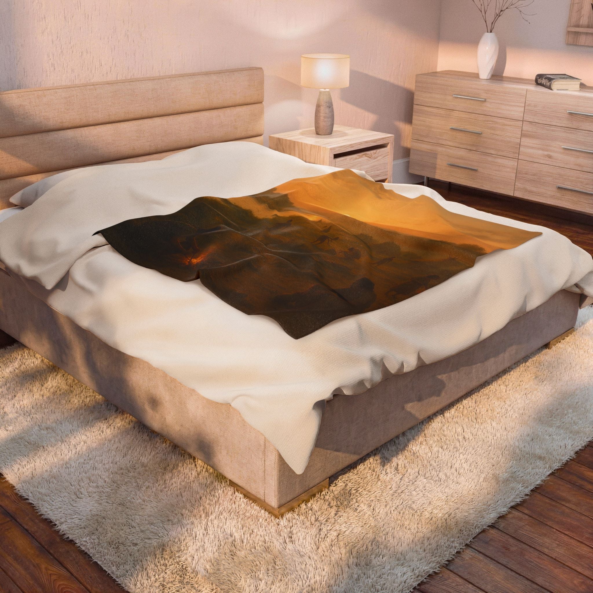 PRB Sunset Campfire Scene Velveteen Plush Blanket | Native Village Landscape by Printify