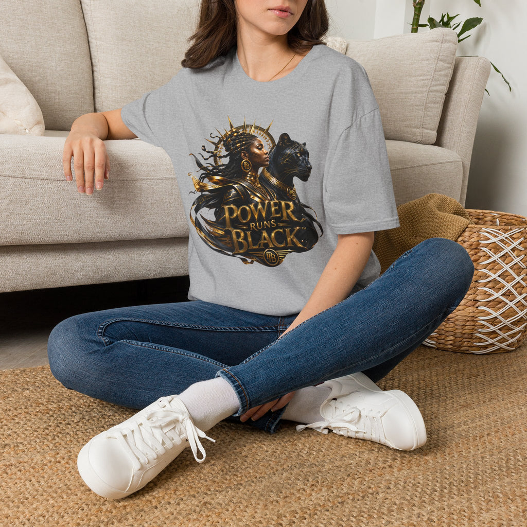 Power Runs Black PRB | Black Woman Portrait, Gold Accents Panther Graphics T by Printify
