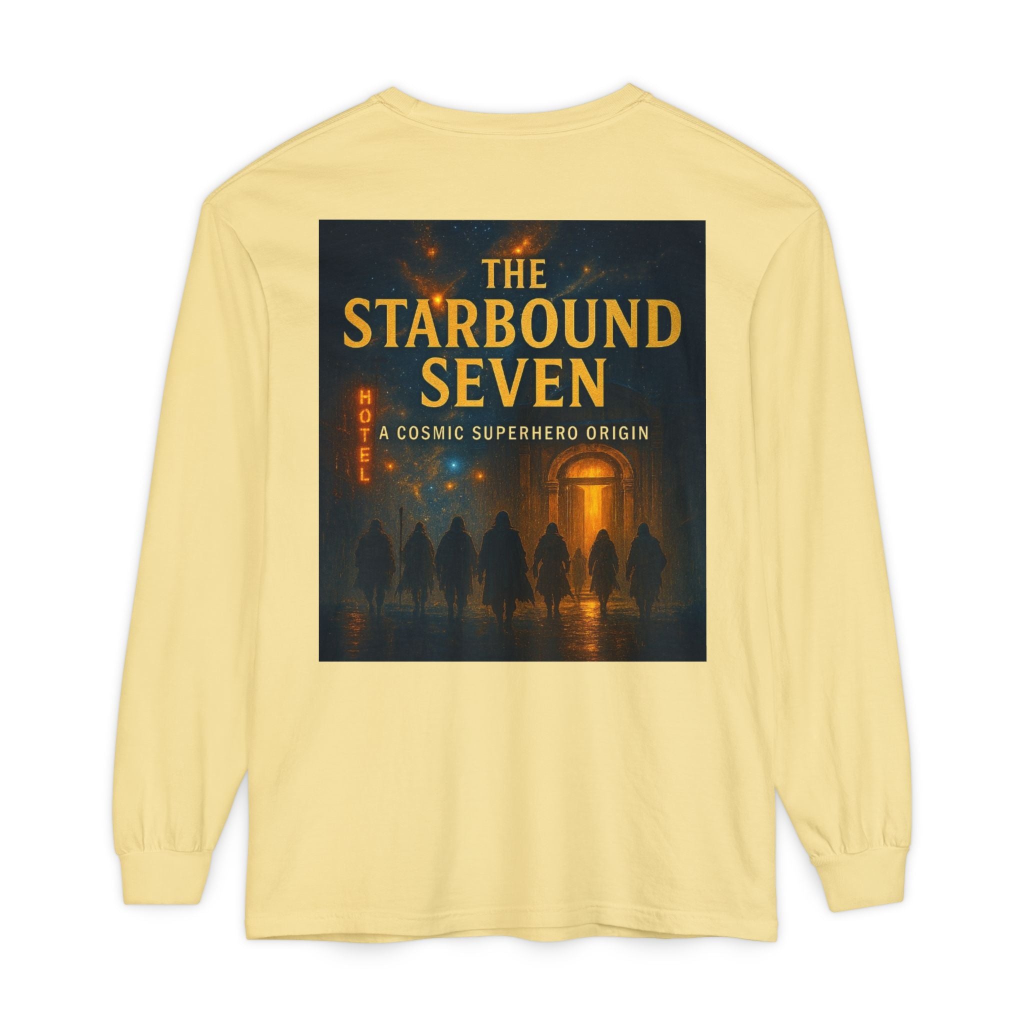 PRB The Starbound Seven graphic long sleeve shirt | cosmic superhero poster by Power Runs Black