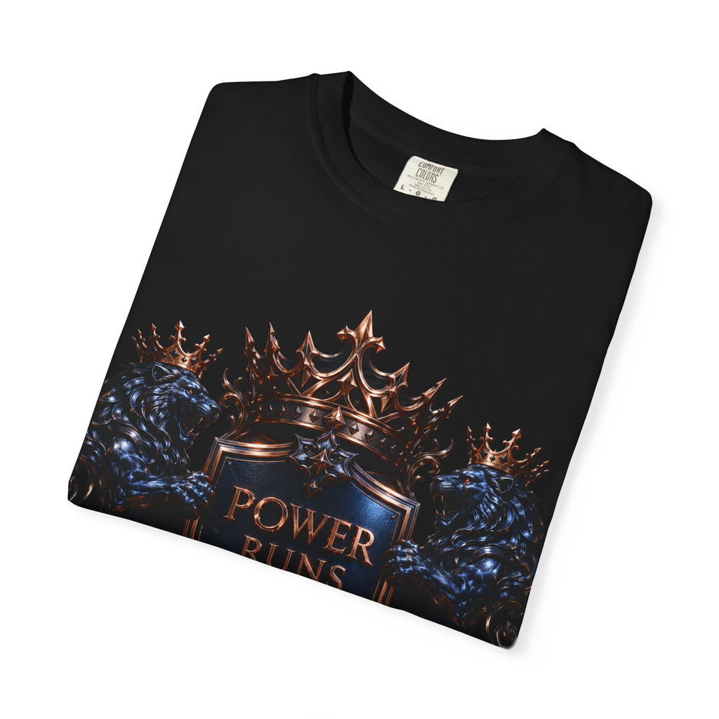 Power Runs Black Crest T-shirt | Heraldic Lion Shield Tee by Power Runs Black