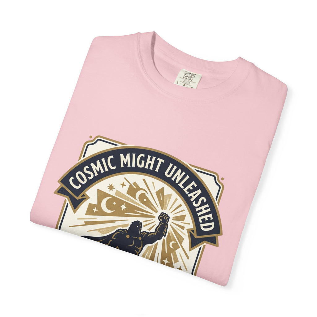 PRB Starforged Flex Cosmic Might Unleashed T-Shirt — Retro Superhero Space Graphic ('Power Does Not Rise, It Returns') by Power Runs Black
