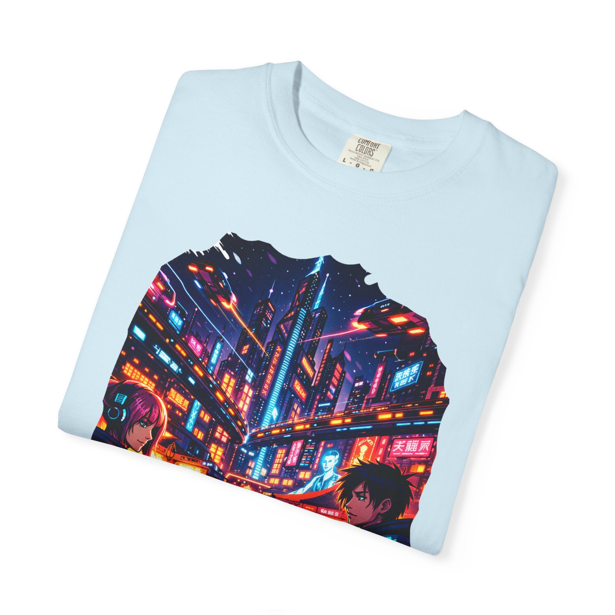 PRB Neon Cyberpunk Cityscape T-shirt | Anime Night Rain Streets by Power Runs Black