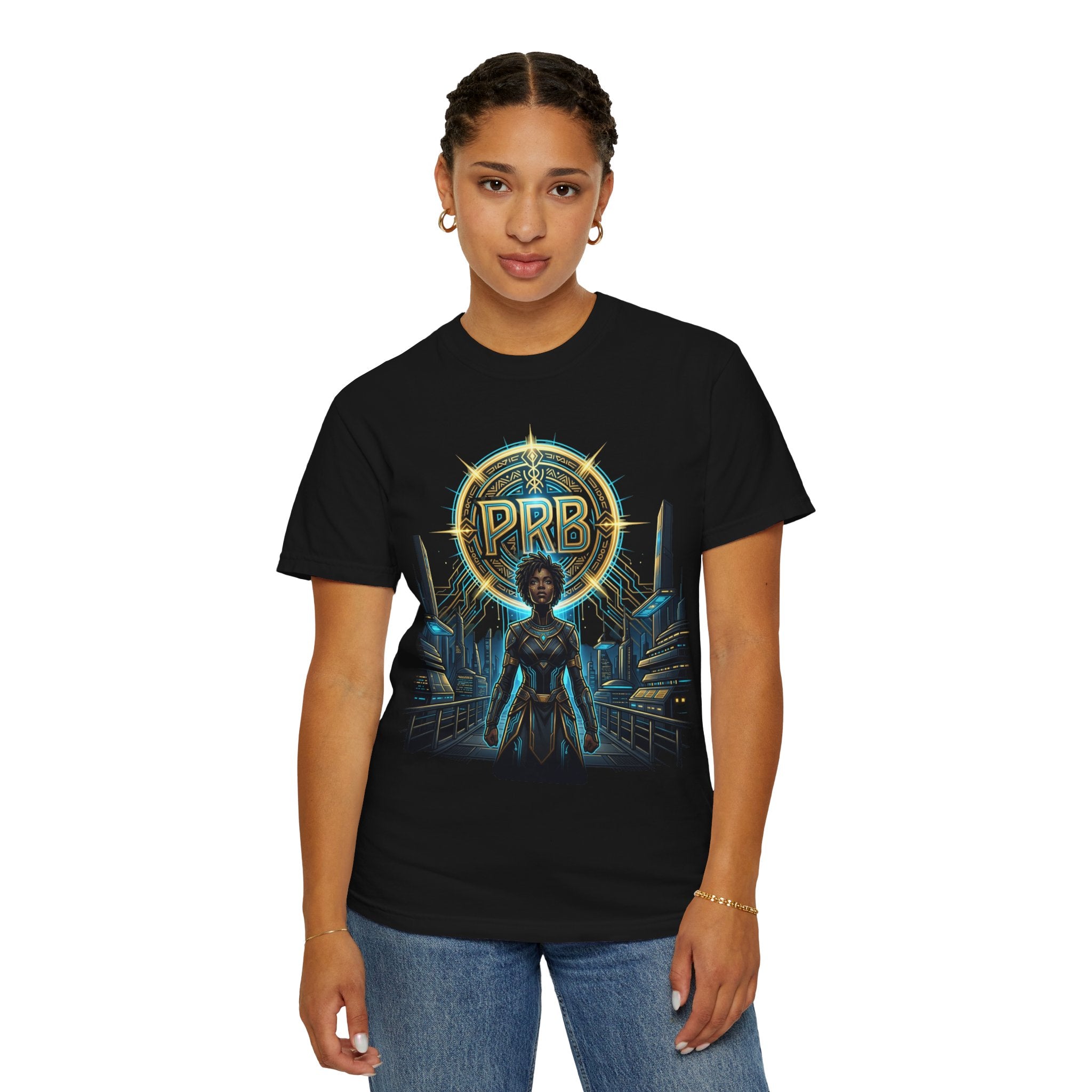 Futuristic Warrior Afrofuturist Graphic T-Shirt | Sci-Fi Streetwear Tee by Printify
