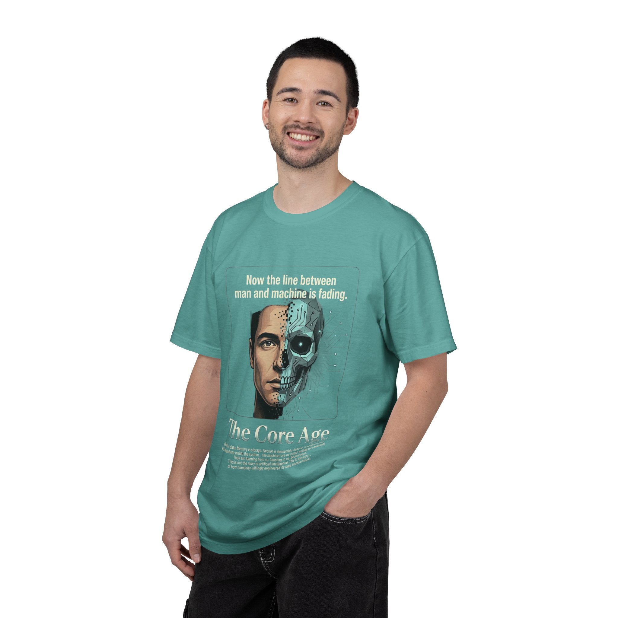 Power Runs Black AI Fusion Graphic T-Shirt — "The Core Age" Split Face Design by Power Runs Black