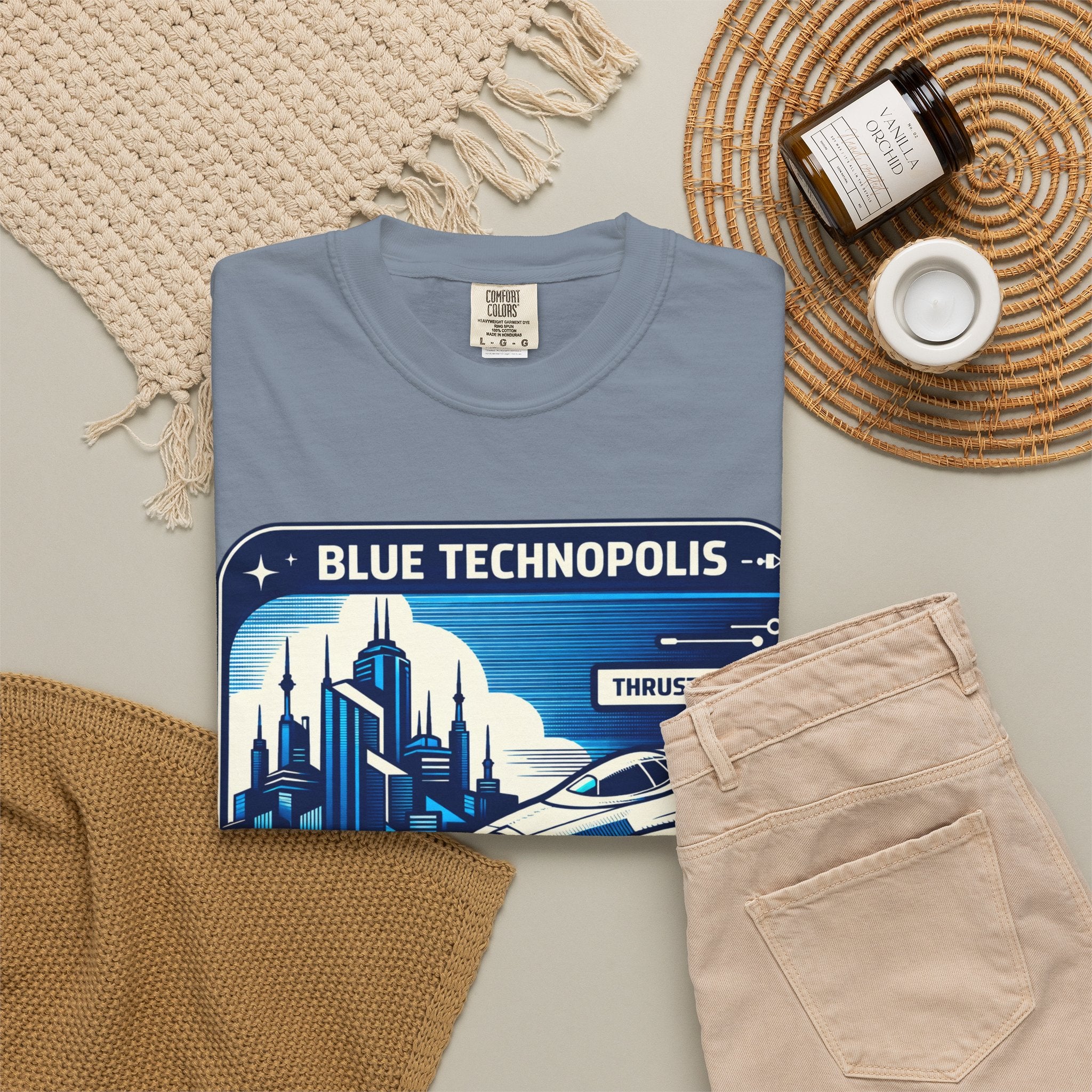 Power Runs Black PRB Technopolis Spacecraft T-Shirt — Blue Technopolis Retro Sci‑Fi Tee by Printify
