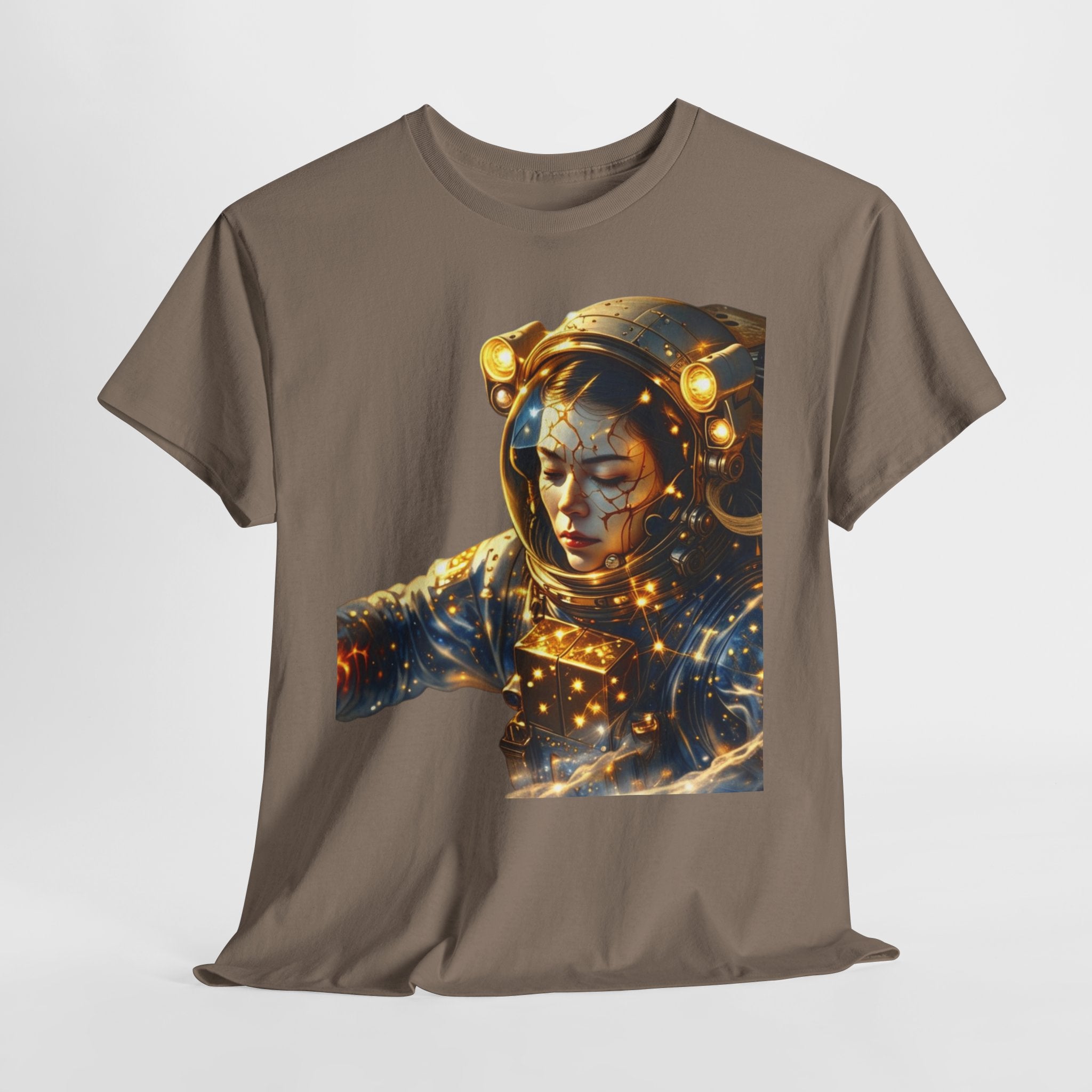 Power Runs Black PRB Golden Astronaut Portrait T-Shirt | Space Helmet Art, Cosmic Lights by Printify
