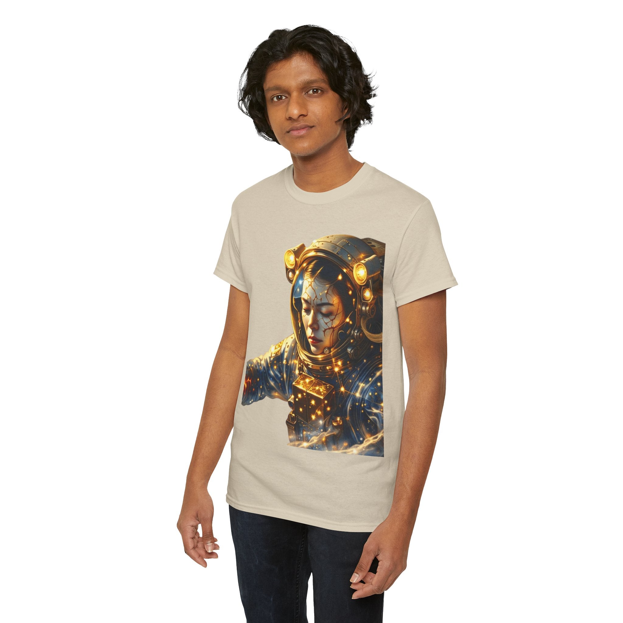 Power Runs Black PRB Golden Astronaut Portrait T-Shirt | Space Helmet Art, Cosmic Lights by Printify